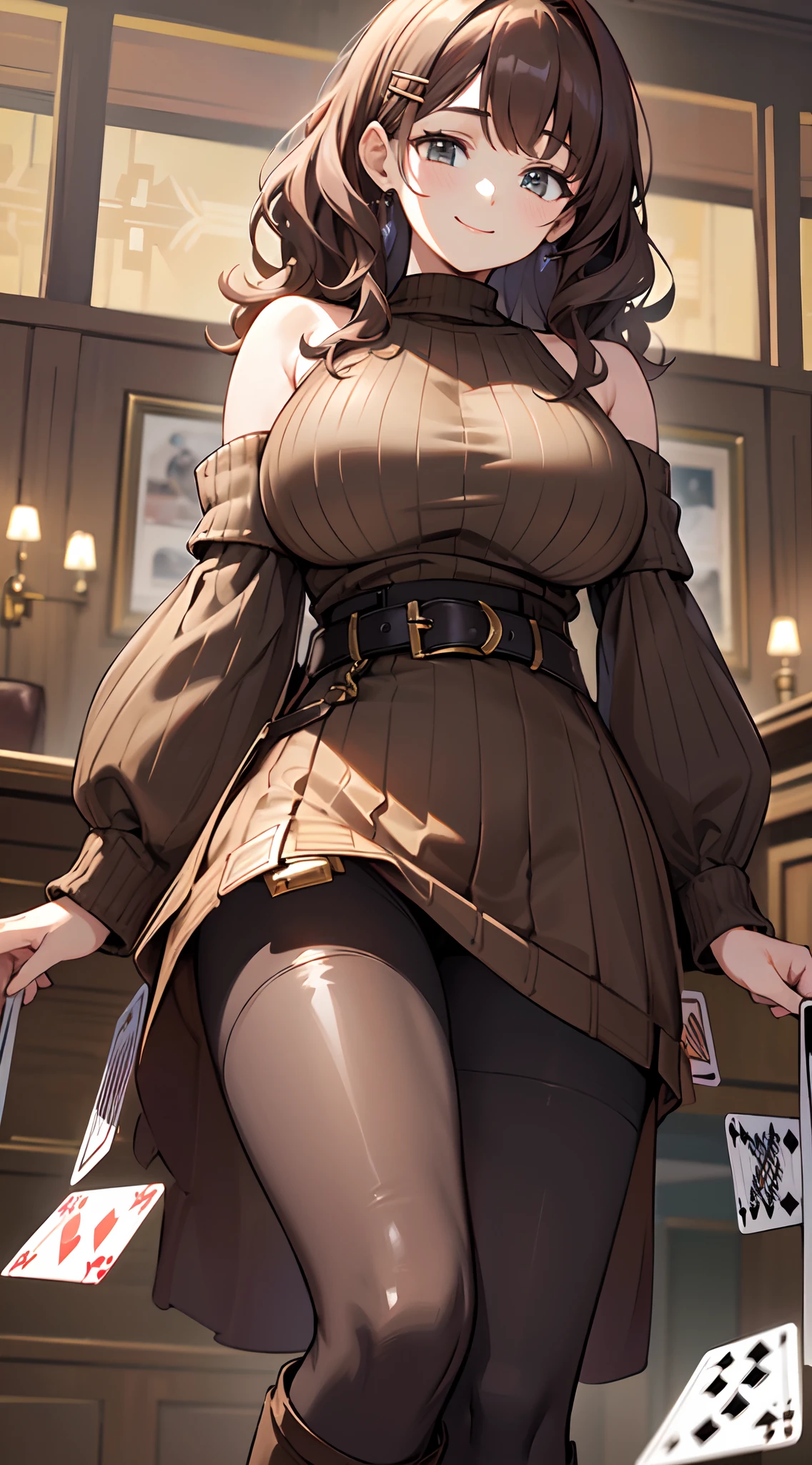 masterpiece,best quality,ultra detailed,8k,tall,big female,gigantic breasts,20 years old,medium hair,wavy hair,brown hair,hairclip,happy,smile,brown sweater,ribbed sweater,bare shoulders,detached sleeves,belt buckle,black tights,boots,strapless,holding cards,playing card,