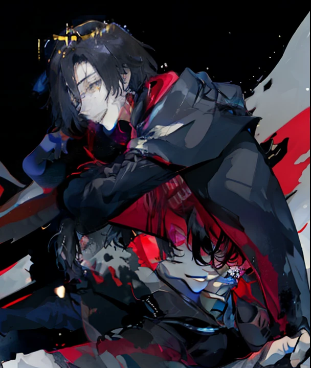 One, beautiful, 1 man, with a sporty body, V-shaped body, black-bard Britannia suit with bloody elements, red veins on the arm, bloody details, model hair, short hair, black hair, blood red eyes, neon eyes, red threads, black light