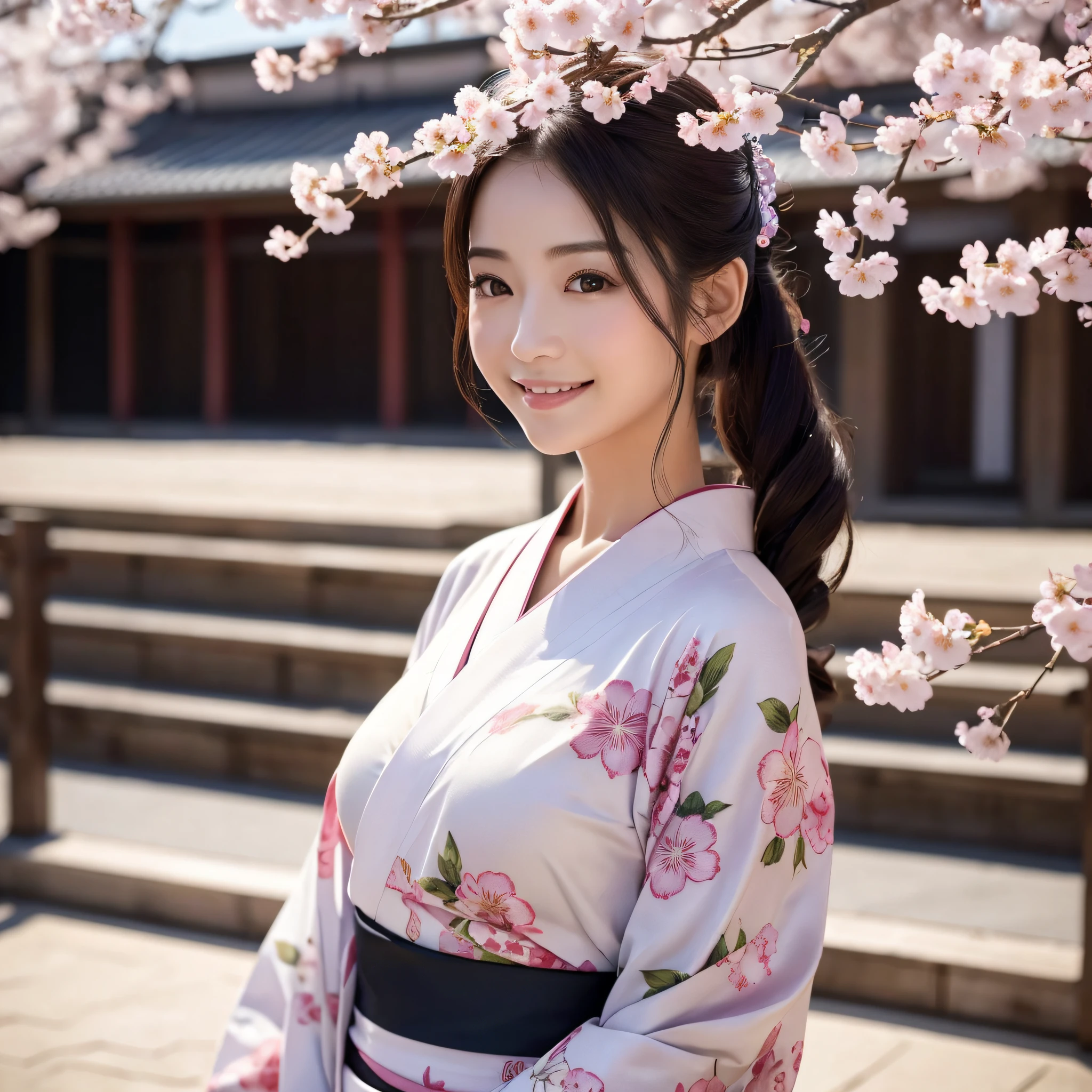 (Super beautiful woman in kimono)、((best qualtiy、8k masterpieces:1.3))、foco nítido:1.2、(ultra beautiful faces:1.0)、(shinny skin:1.0)、photos realistic、A dark-haired、Video Lighting、High-definition eyes and face、Video Lighting、Japanese actressl、from the front side、medium breasts、With a happy smile、Slender Abs Beauty、Whole body、wearing kimonos、cherry blossom in full bloom