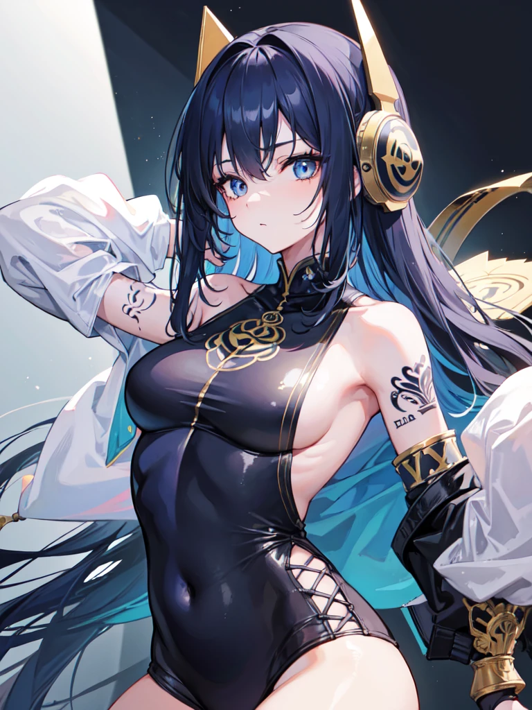 1 girl, Wearing hip-hop costumes, Medium shot, Semi-body shot, Extremely detailed face, Extremely detailed eyes, With a tattoo, Masterpiece, 8K resolution, Centered, Solo, Body complexion, Big chest, looking at viewert