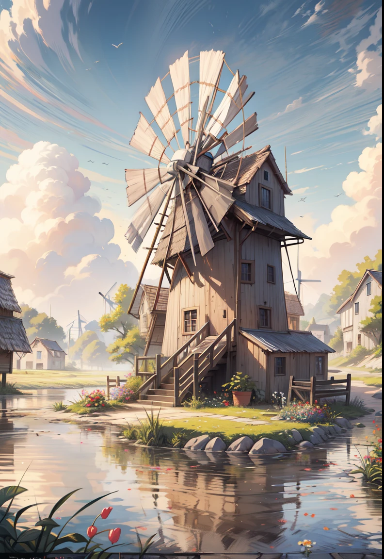 painting of a beautiful farm,with lots of flowers,lush greenery,a pond, water reflection, ((beautiful windmill)),((duck ))roaming around pond,barn beside windmill,sunkissed image,flowers, beautiful art uhd 4 k, a beautiful artwork illustration, beautiful digital painting, highly detailed digital painting, beautiful digital artwork, a bustling magical town,farmer village, countryside Mediterranean village, detailed painting 4 k, ,windmill, village, very detailed digital painting, rich picturesque colors, gorgeous digital painting