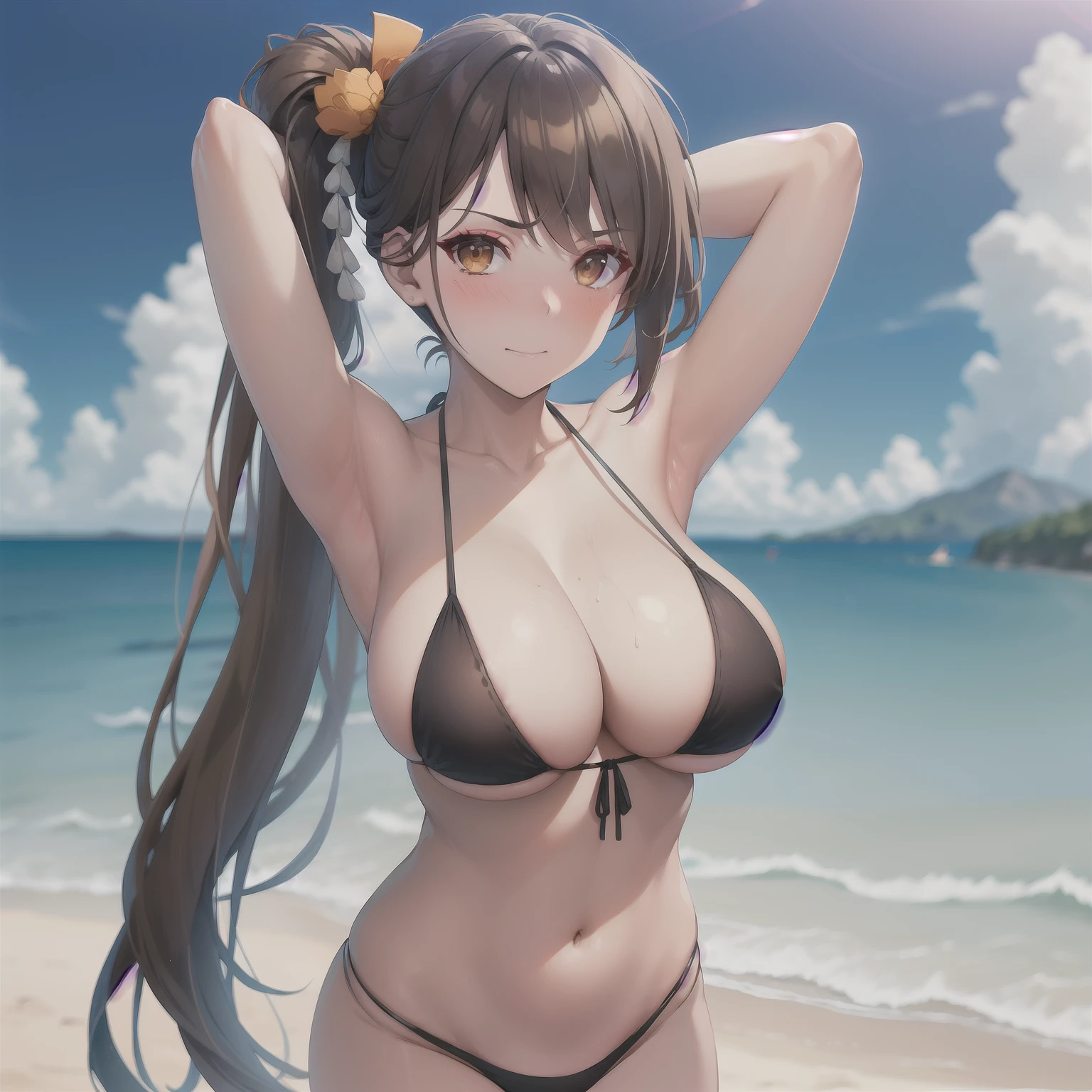 masterpiece, best quality, highres, brown hair, brown eyes, cowboy shot, standing, beach, Black micro bikini, embarrassed, blush, arms behind head, side ponytail, orange eyeshadow, hair ornament, very long hair, big breasts,