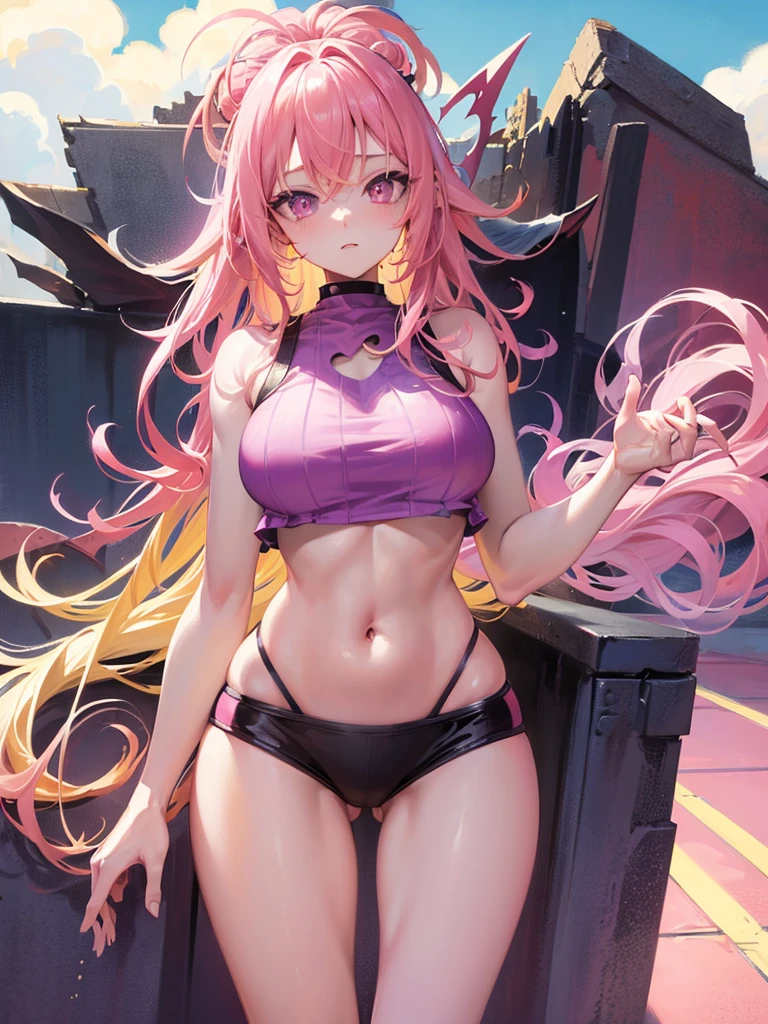 Demon Maiden, Perfect body, perfect cute face, Pink hair, (Messy hair:1.3), Purple eyes, Huge breasts, Skinny, yellow wasp, Bikini, Perfect skin, model poses, rooftop pools, Perfect skin, Thighs, (Crop top:1.4)white backgrounid