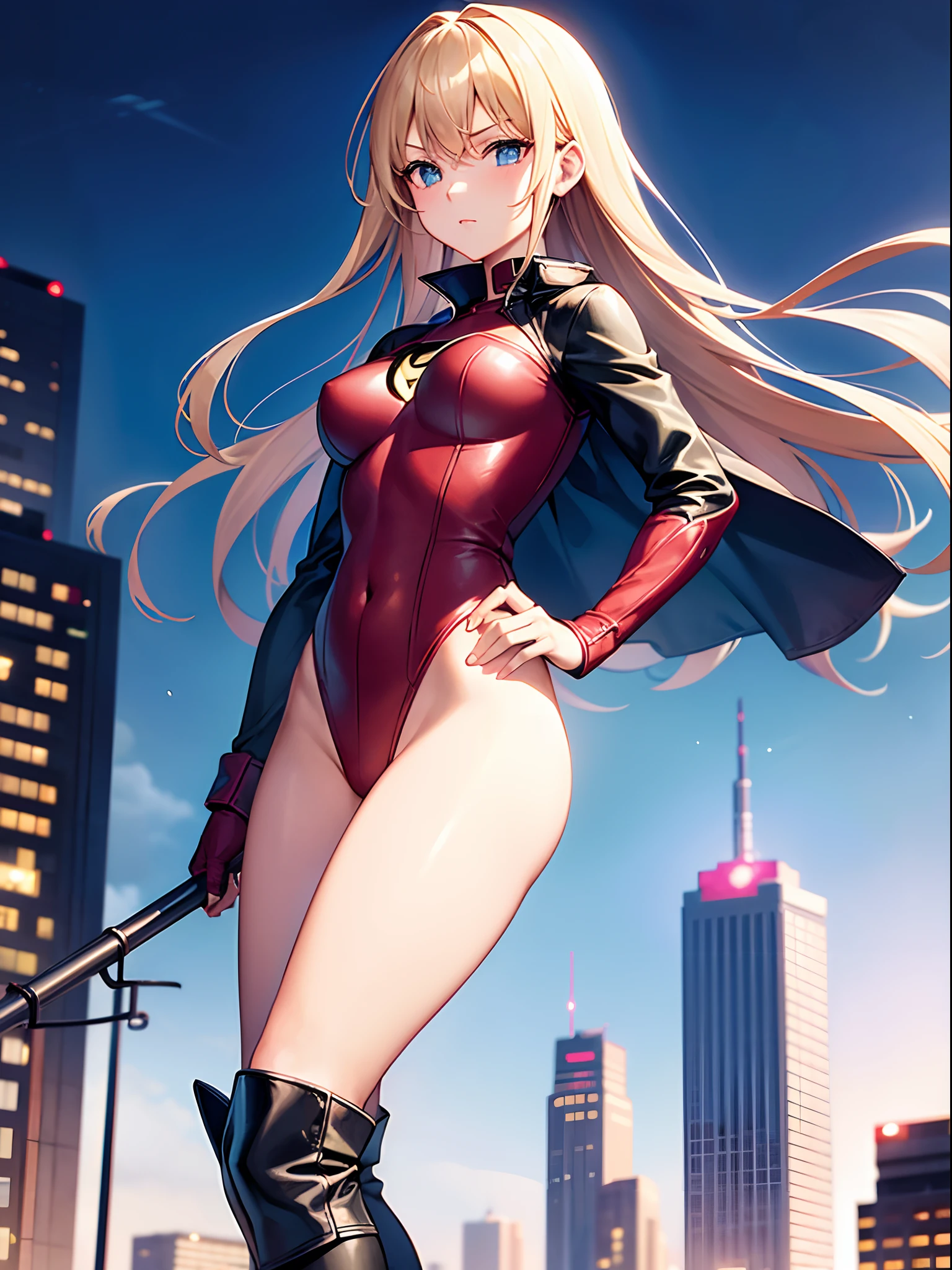 masterpiece, best quality, 1girl, superhero, leotard, bare legs, knee boots, matching boots, heroic, city backdrop, standing, body infused with energy, light particles, solo, single, cowboy shot, perfect anatomy, hand on hip