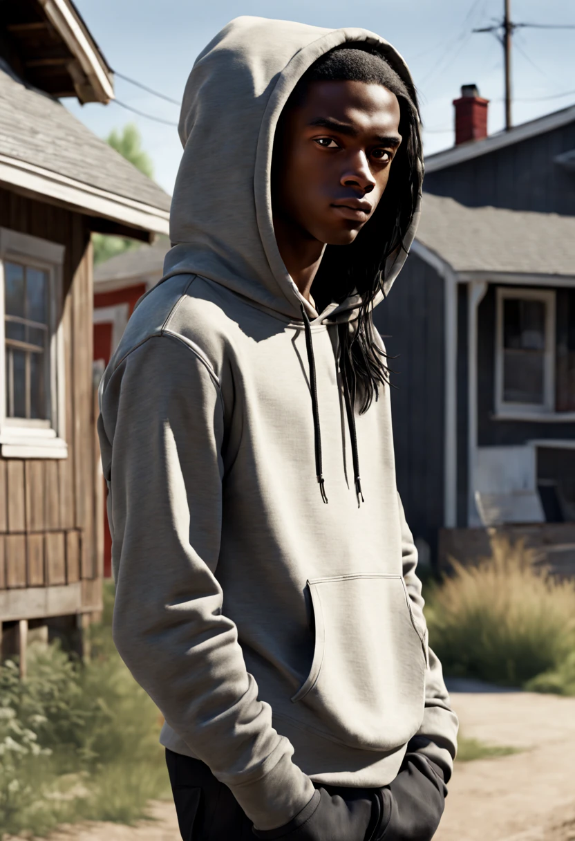 a very slim age boy, dressed in a hoodie, against the backdrop of a small house in a small township in the north of the usa, thin face, dark skin, long straight black hair, long hair, full body profile, realistic, photorealistic, cinematic, soft colors