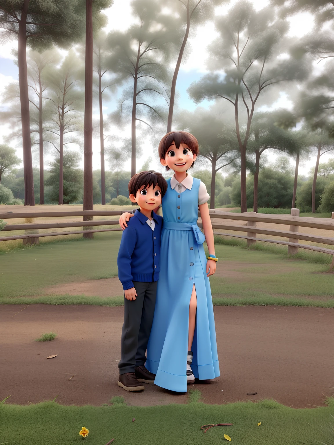 A happy little brother and older sister in social clothes in an environment with trees and grass