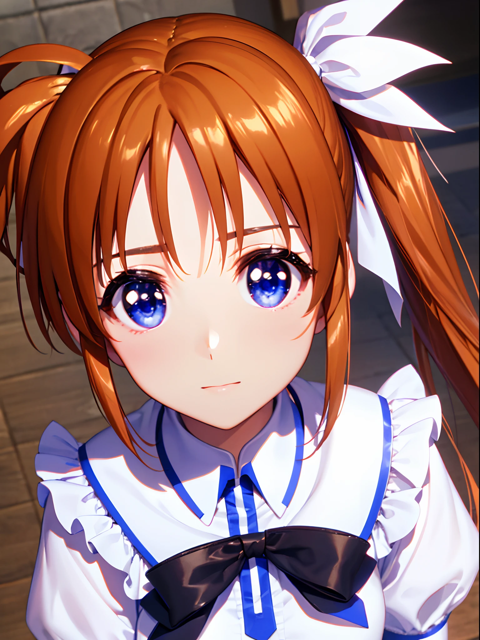 An ultra-high picture quality、3D images:1.5、Nanoha、独奏、(top-quality:1.2),extra detailed face, (Magical Girl Lyrical Nanoha), one girls、天空、Long hair, Blue eyes, Brown hair, Hair Ribbon, (Side Ponytail:1.5), Twin-tailed,8k picture、Cute Maid Clothes、Dress correctly、the whole、front-facing view、best pictures、Cowboy Shot、Attractive eyes,A detailed eye、独奏、best pictures, Soft light, 8ＫImagen、