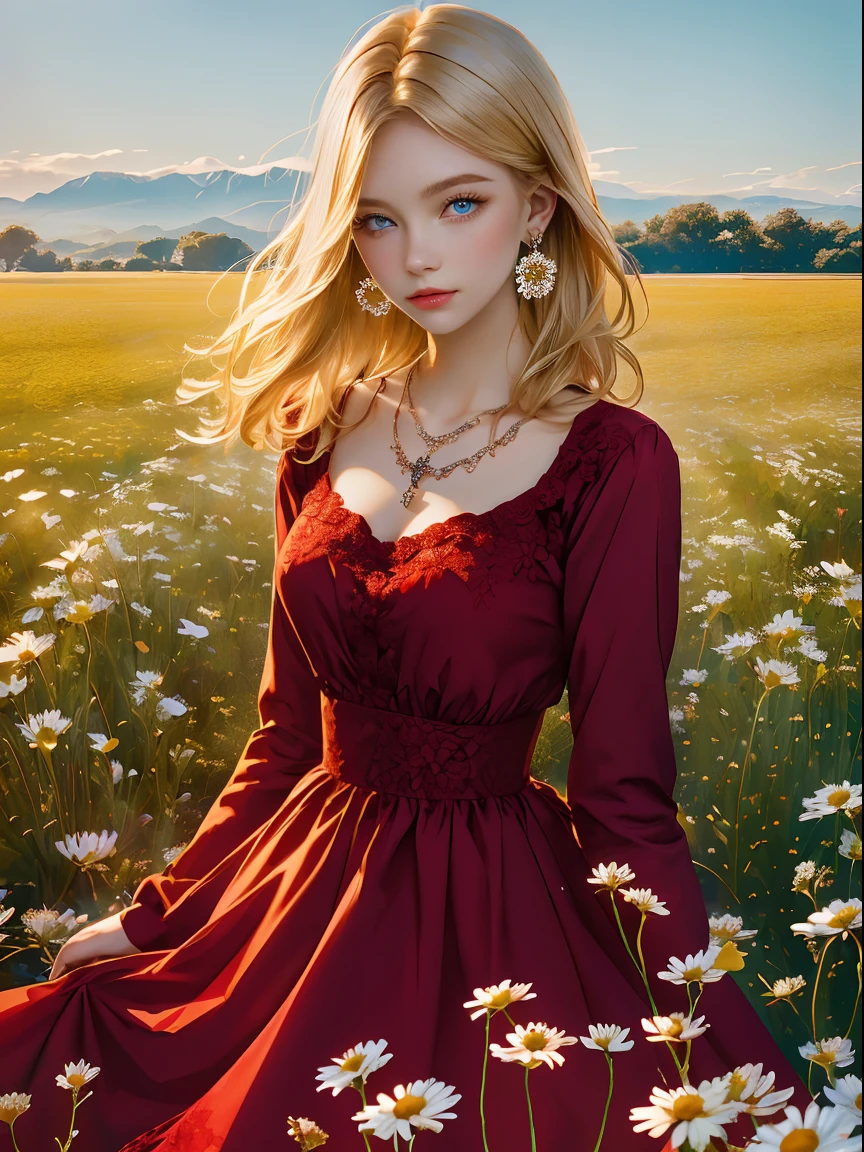 1 girl lies, in a field of flowers, Red dress, flor branca, Earrings, view the viewer, Blue eyes, Red ribbon, necklace, Long sleeves, Blonde hair, Short hair, Daisies