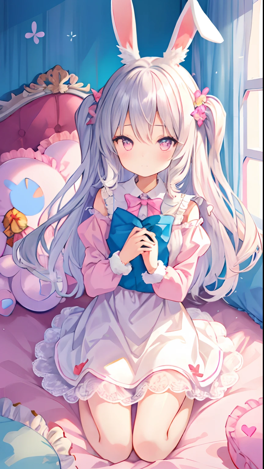 beautiful illustration, best quality, cute girl, bedroom, pastel color, fluffy bunny ears, petite, silver long hair, rabbit stuffed toy, bright lighting, light pink eyes