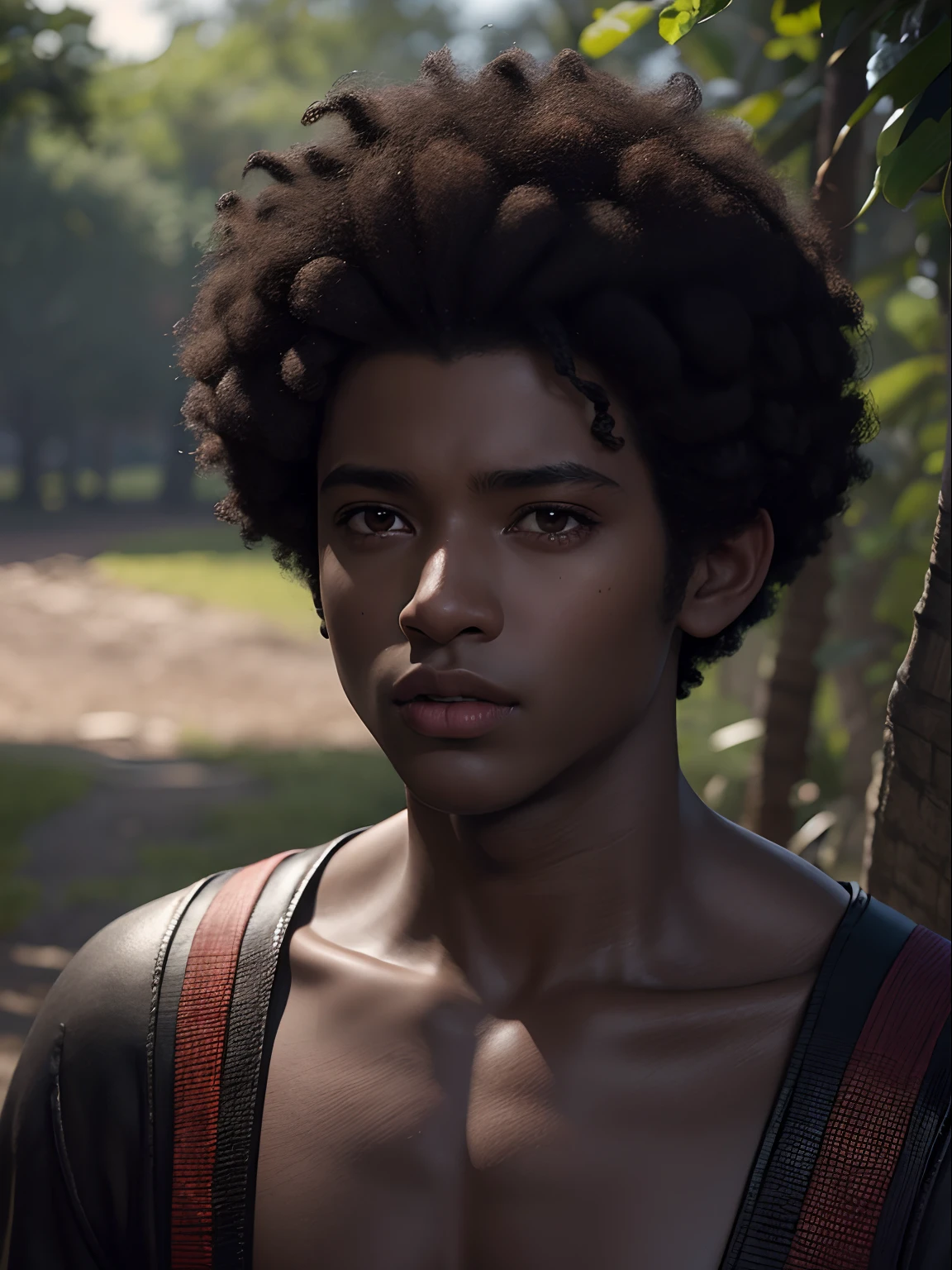 a dark skinned, Afro-Latino boy with short hair, square features, a cleft lip surgery scare, and dark brown eyes, matte painting 8k, realistic 60’s era rendering, digital painting with 8K resolution, matte paint rendered in 3D