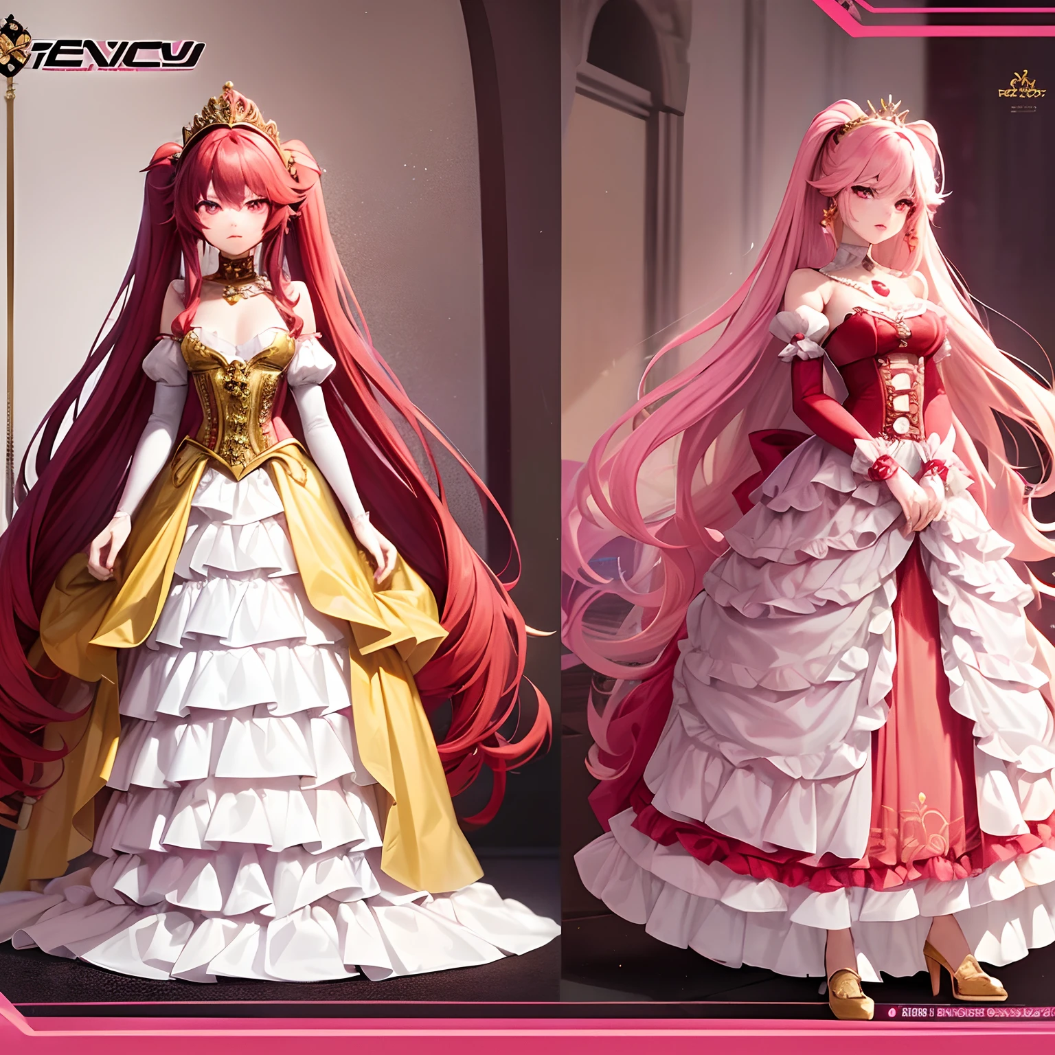 Reference sheet for a cute 15 years old princess, drawn in anime style, long red pigtails hair, pink eyes, small breast, lipstick, steampunk, red princess gown with puffy sleeves, petticoat, bustle skirt, corset, ribbons, white elbow gloves, ruby earrings and necklace, gold tiara, high heels, standing elegantly, simple background.