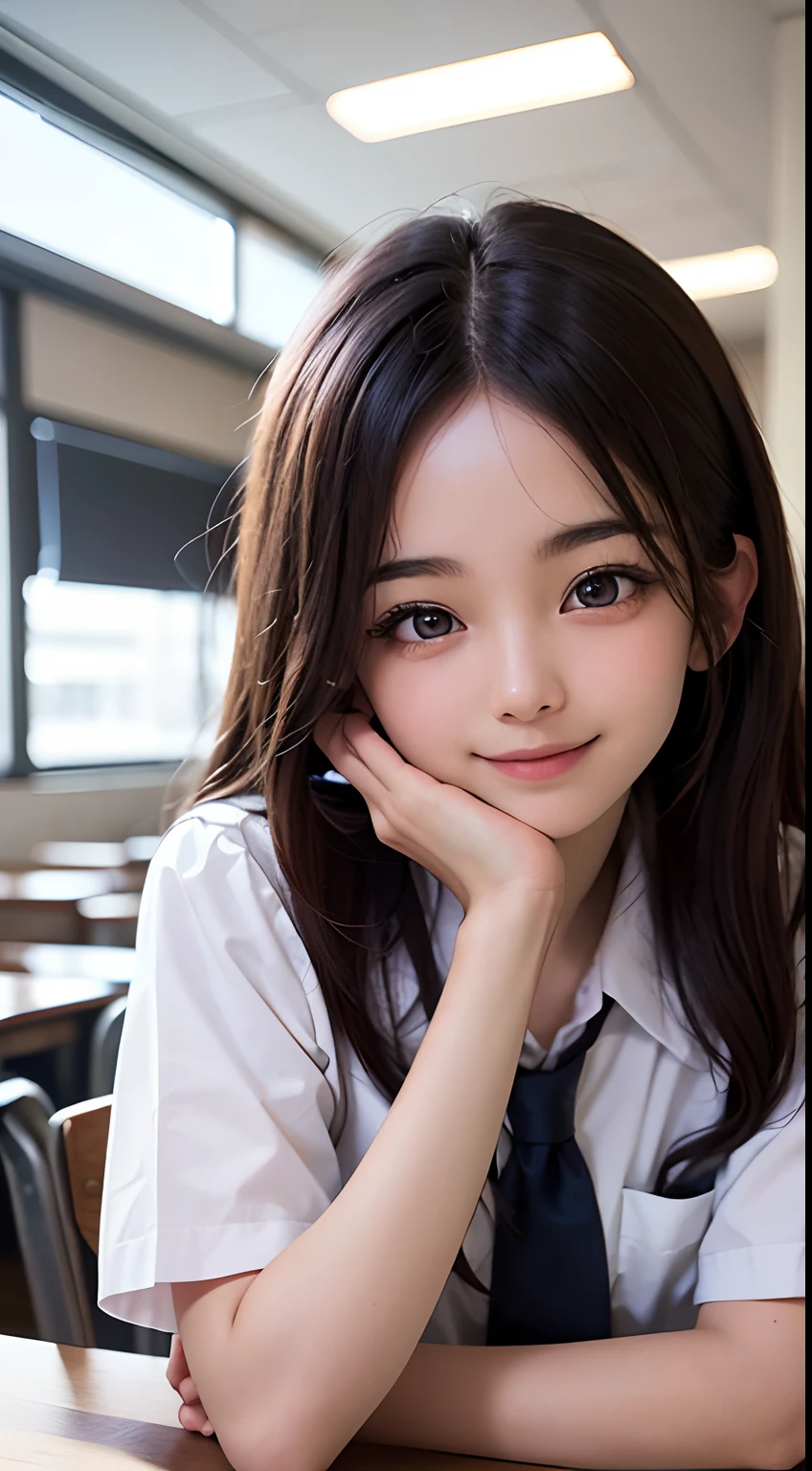 two kids, During class, school, one boy one girl, Desk, note, writing, sitting, high detailed real face, smile, beautiful skin, high detailed skin, beautiful eyes, high detailed finger, high detailed hand, masterpiece,