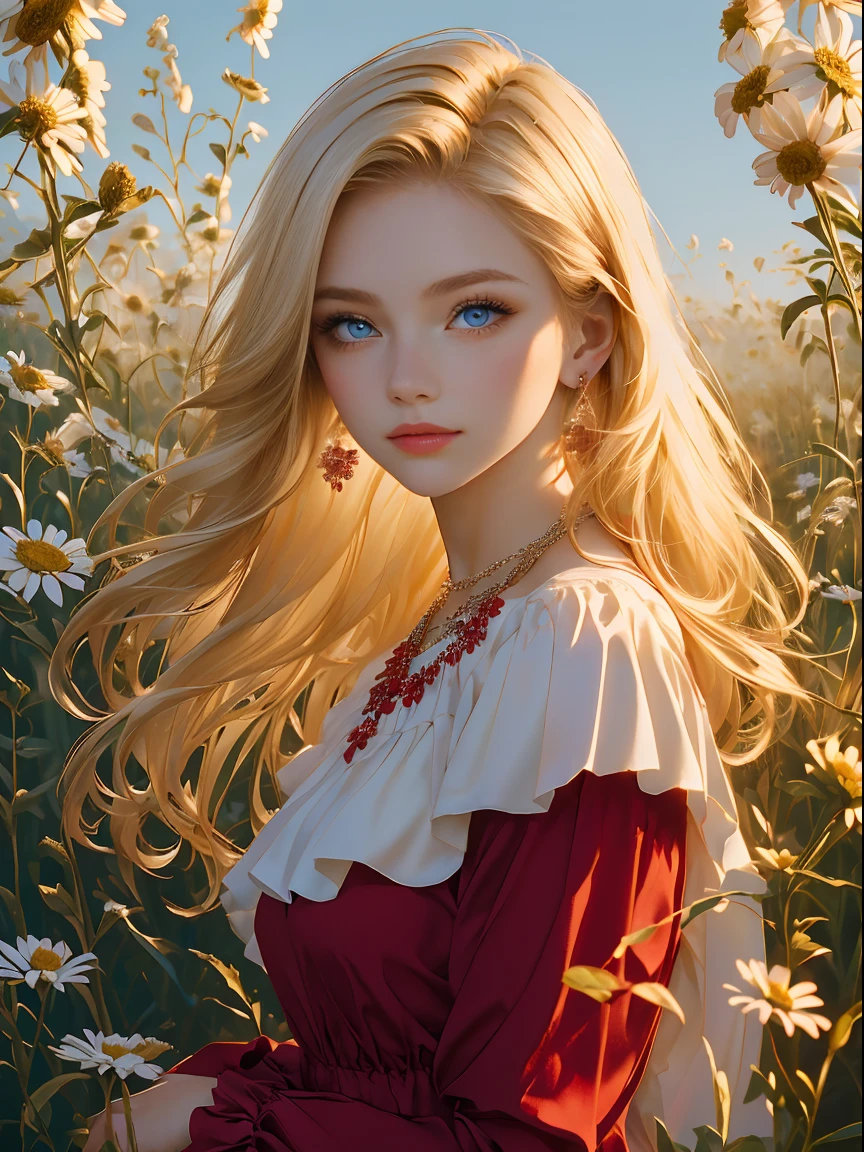 1 girl lies, in a field of flowers, Red dress, flor branca, Earrings, view the viewer, Blue eyes, Red ribbon, necklace, Long sleeves, Blonde hair, Short hair, Daisies