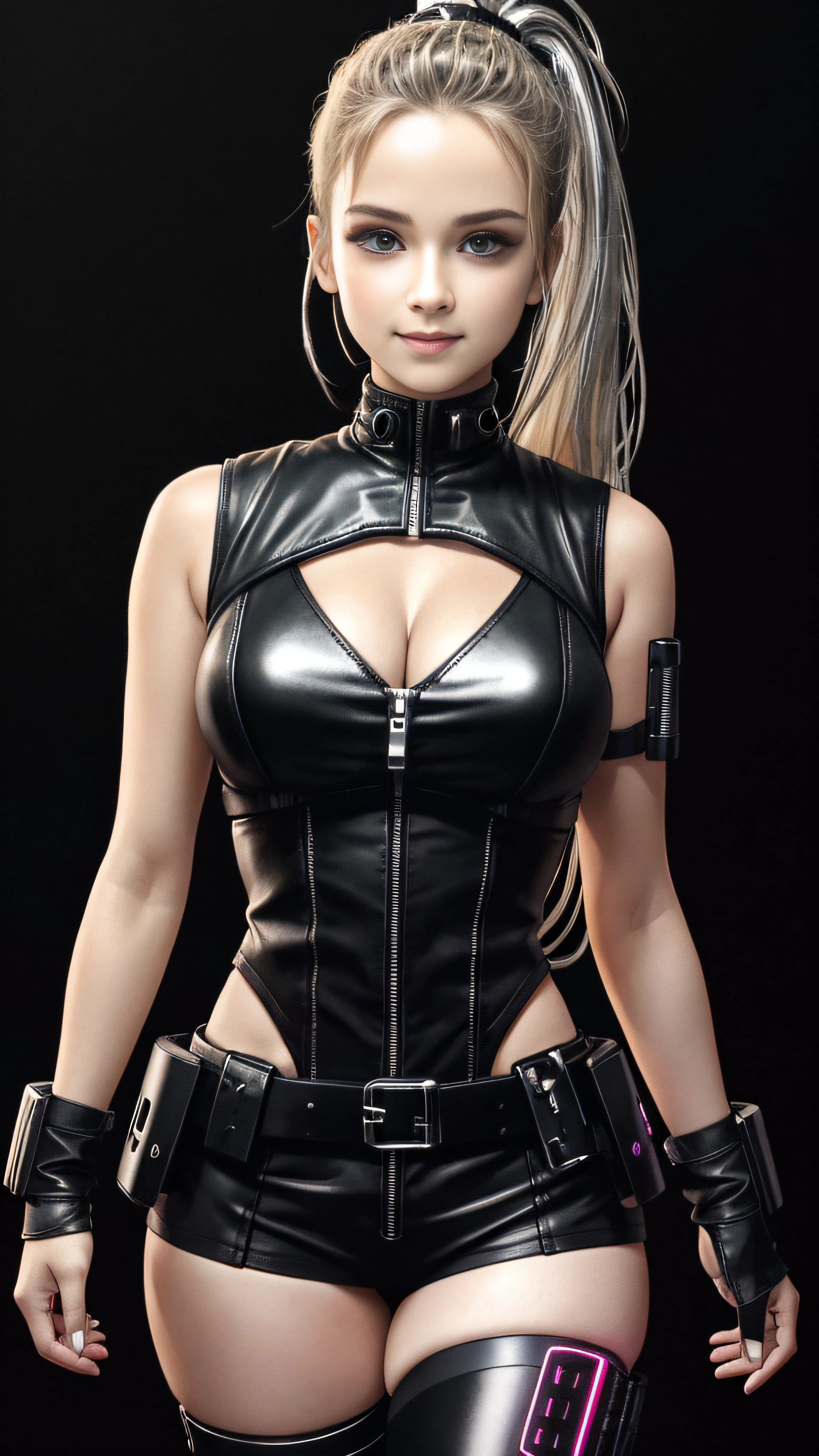 ta, smiling, 20 years old, ((best quality)), ((masterpiece)), (high definition:1.3), 3D, beautiful (cyberpunk:1.3), stylish woman looking at camera black leather clothes, sleeveless, embarrassed, waist skin invisible, blue-black leather pants, silver zipper, belt below the waist, super fine illustration, blonde hair , showing forehead, silver center zipper open, deep cleavage, leather black bodysuit, sleeveless blacks, shiny, blonde ponytail, ((dark plain black background:1.4))