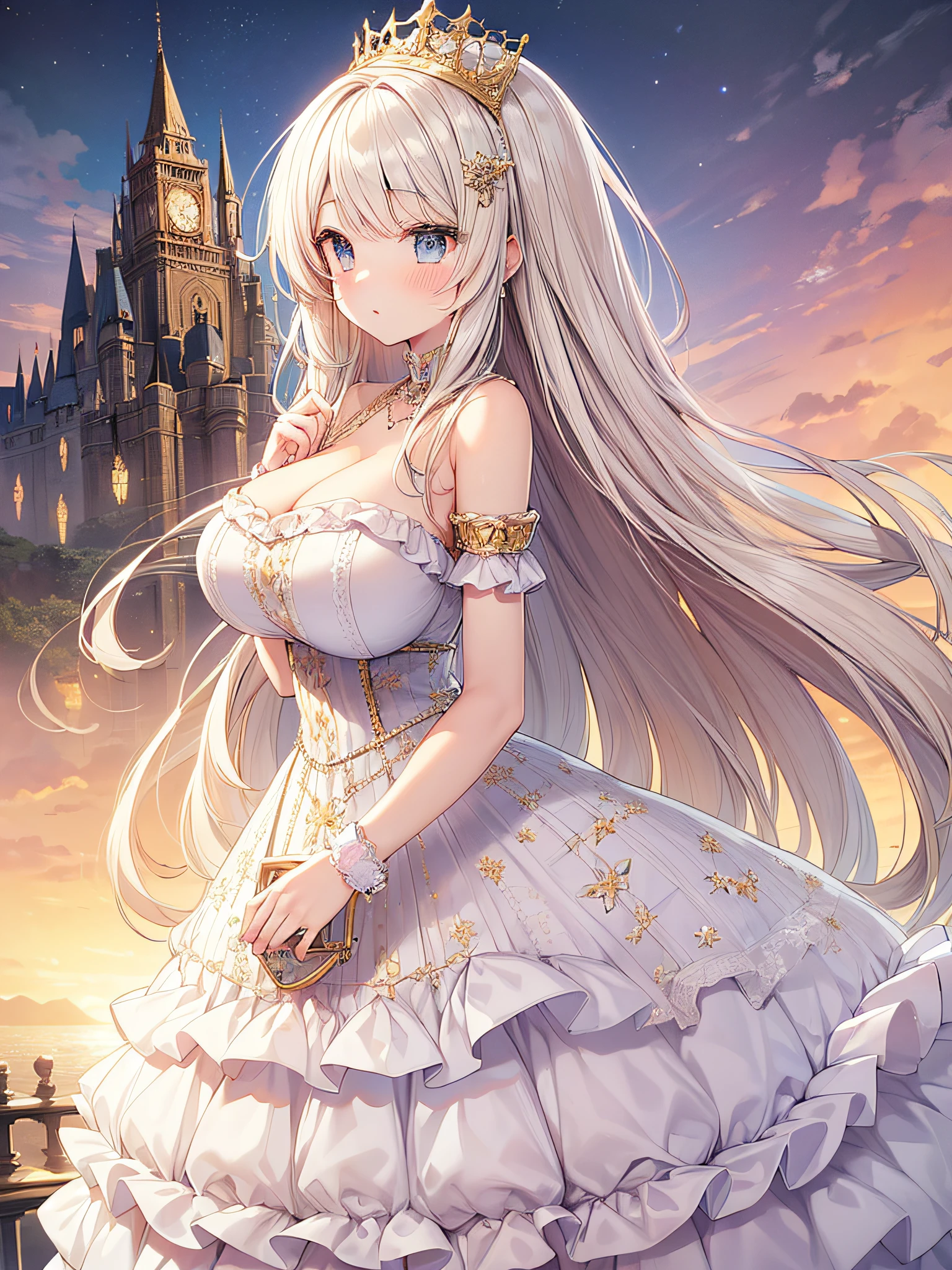 anime artstyle,Masterpiece,(Best Quality), (Super Detail),(Very Delicate and Beautiful),(Solo),((full body portrait)),full body,full body portrait,(detailed face and eyes),jewel-like beautiful eyes,(absolutely gorgeous and cute ruffled rococo ballgown decorated with jewels),((1 princess in a beautiful embroidery and jeweled absolutely gorgeous rococo ballgown with voluminous full length hoop skirt)),((Crinoline)),super detailed absolutely gorgeous rococo ballgown with frilled voluminous full length hoop skirt,((large amount of straight hair,extremely voluminous Very Long straight Hair,Absolutely Long Straight Hair)),(gigantic boobs),cleavage,(fantasy castle,outdoors,outside the castle),long_gloves,extremely gorgeousfull jeweled hair ornament,bling-bling extremely gorgeousfull jeweled tiara,((luxurious jewelry)),full body portrait