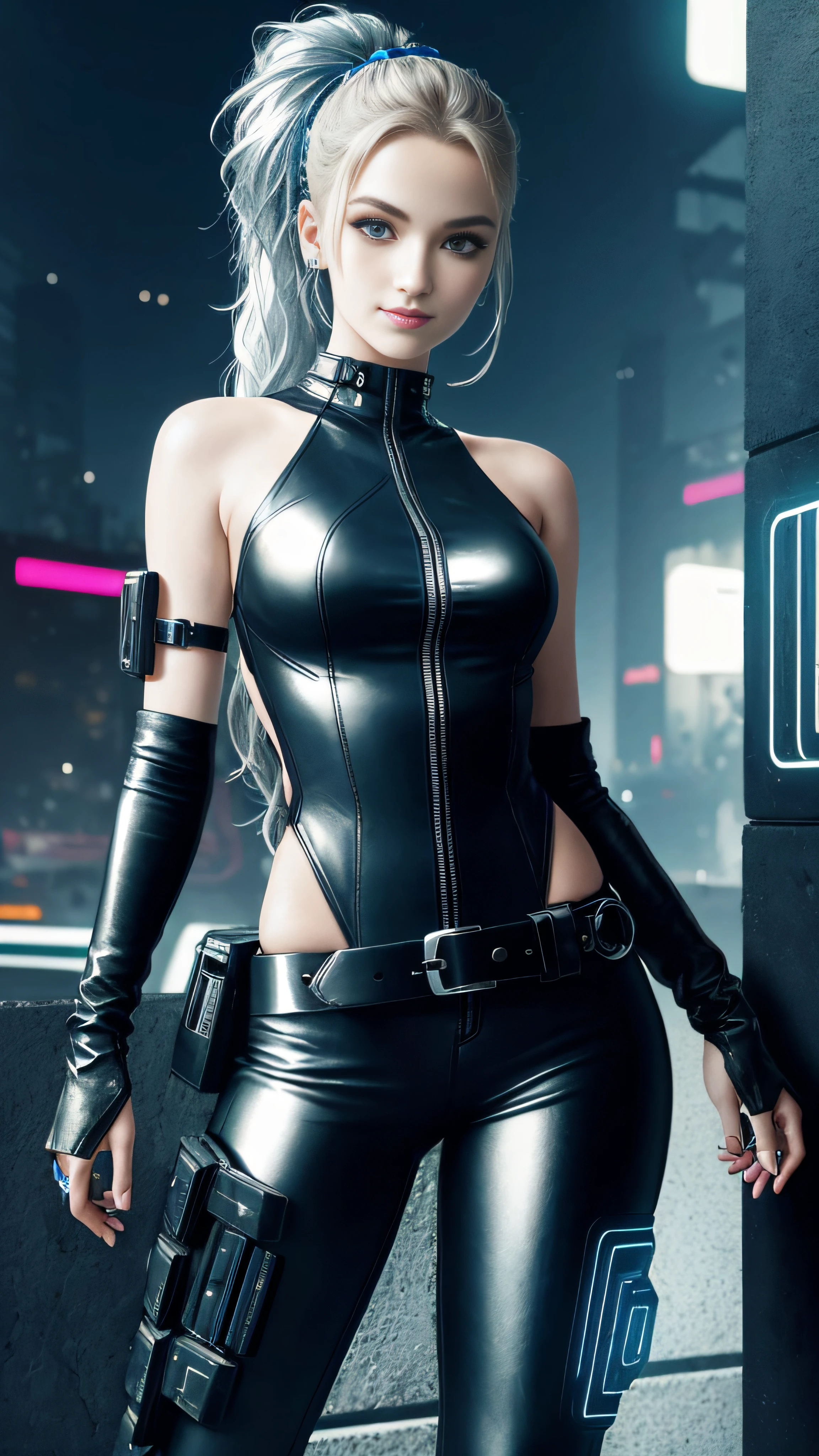 ****ta, smiling, 20 years old, ((best quality)), ((masterpiece)), (high definition:1.3), 3D, beautiful (cyberpunk:1.3), stylish woman looking at camera black leather clothes, sleeveless, embarrassed, waist skin invisible, blue-black leather pants, silver zipper,belt below the waist,super fine illustration,blond hair , showing forehead, silver center zipper, leather blue black bodysuit, sleevelesblue blacks, shiny, blonde ponytail