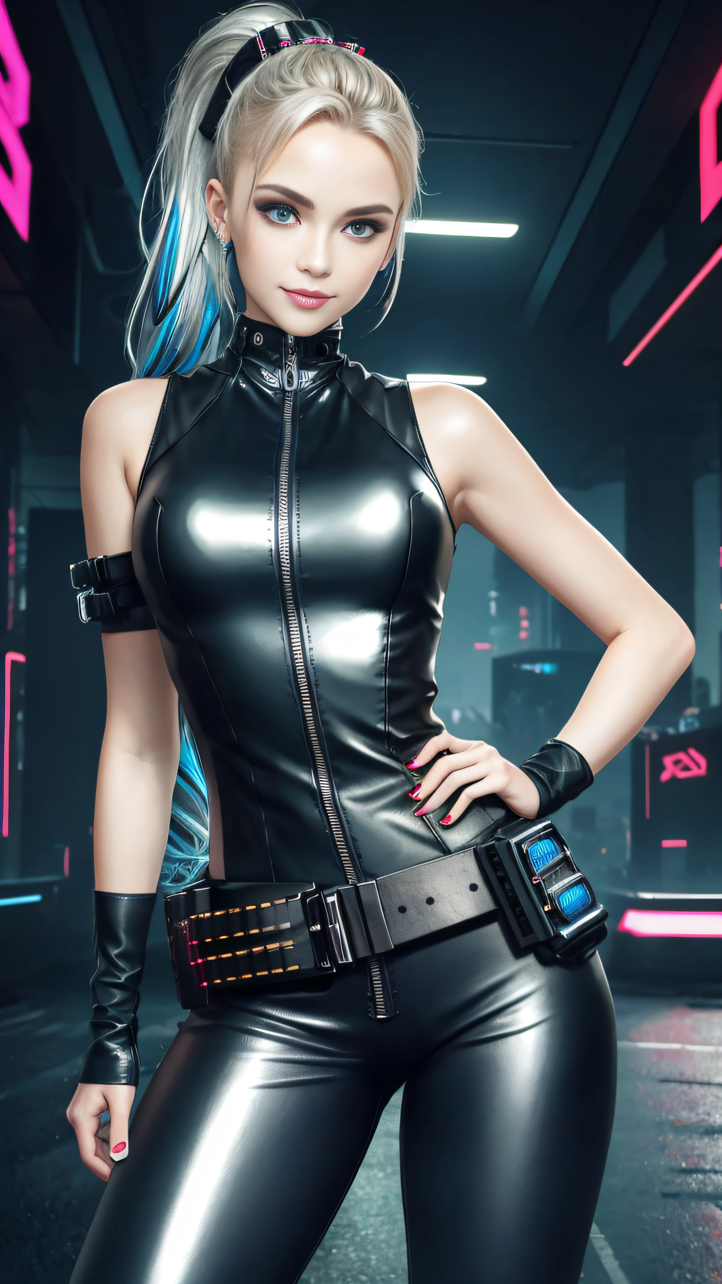 Lolita, smiling, 20 years old, ((best quality)), ((masterpiece)), (high definition:1.3), 3D, beautiful (cyberpunk:1.3), stylish woman looking at camera black leather clothes, sleeveless, embarrassed, waist skin invisible, blue-black leather pants, silver zipper,belt below the waist,super fine illustration,blond hair , showing forehead, silver center zipper, leather blue black bodysuit, sleevelesblue blacks, shiny, blonde ponytail