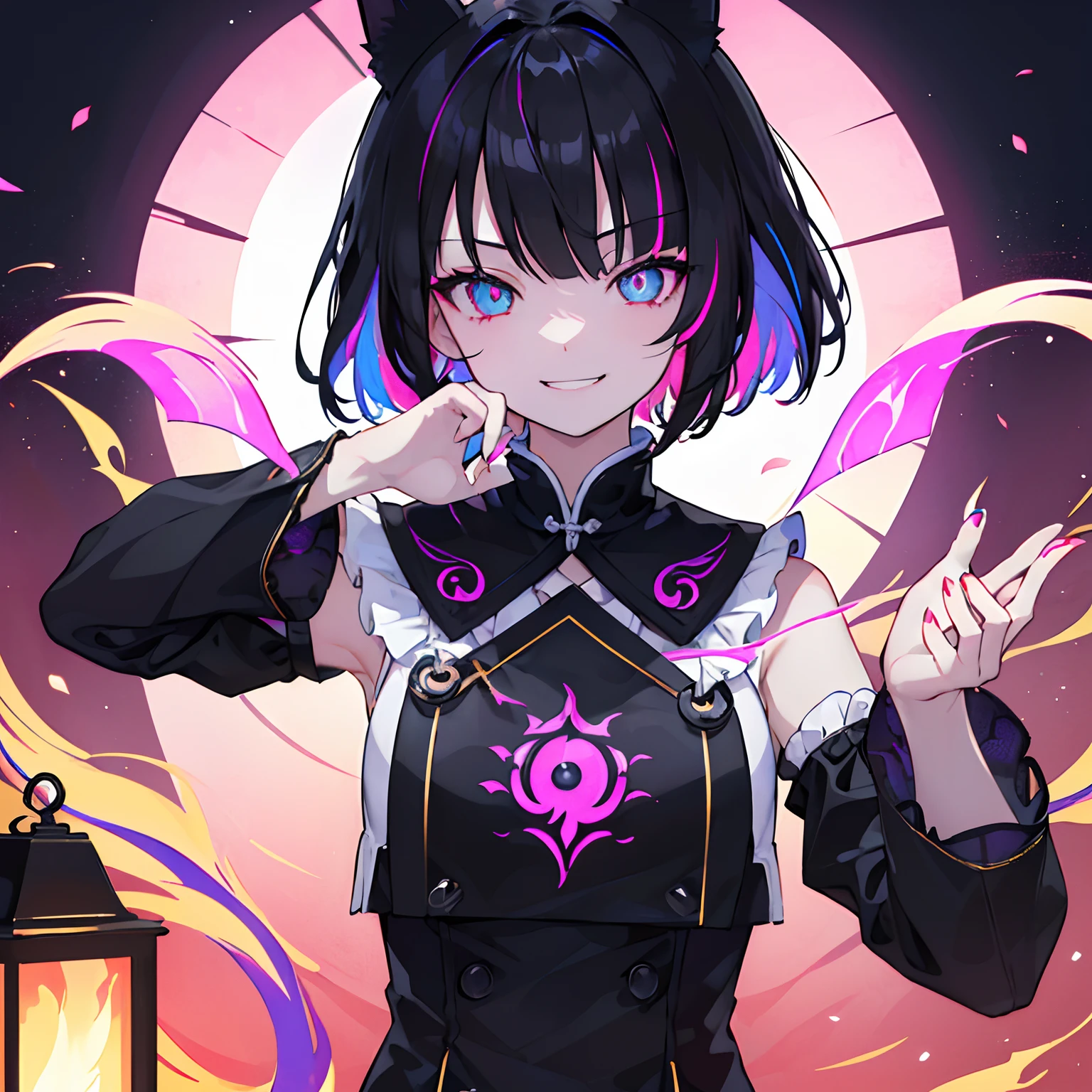 ((top-quality)), ((ultra-detailliert)), girl with, 独奏,(((Delicat eyes))),((Upper body only))、Black hair,evil smile,(((Irridescent color)))stain glass、Fox ears and tail