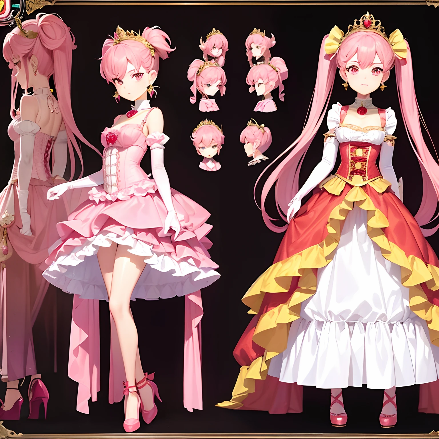 Reference sheet for a cute  princess, drawn in anime style, long red pigtails hair, pink eyes, small breast, lipstick, steampunk, red princess gown with puffy sleeves, petticoat, bustle skirt, corset, ribbons, white elbow gloves, ruby earrings and necklace, gold tiara, high heels, standing elegantly, simple background.