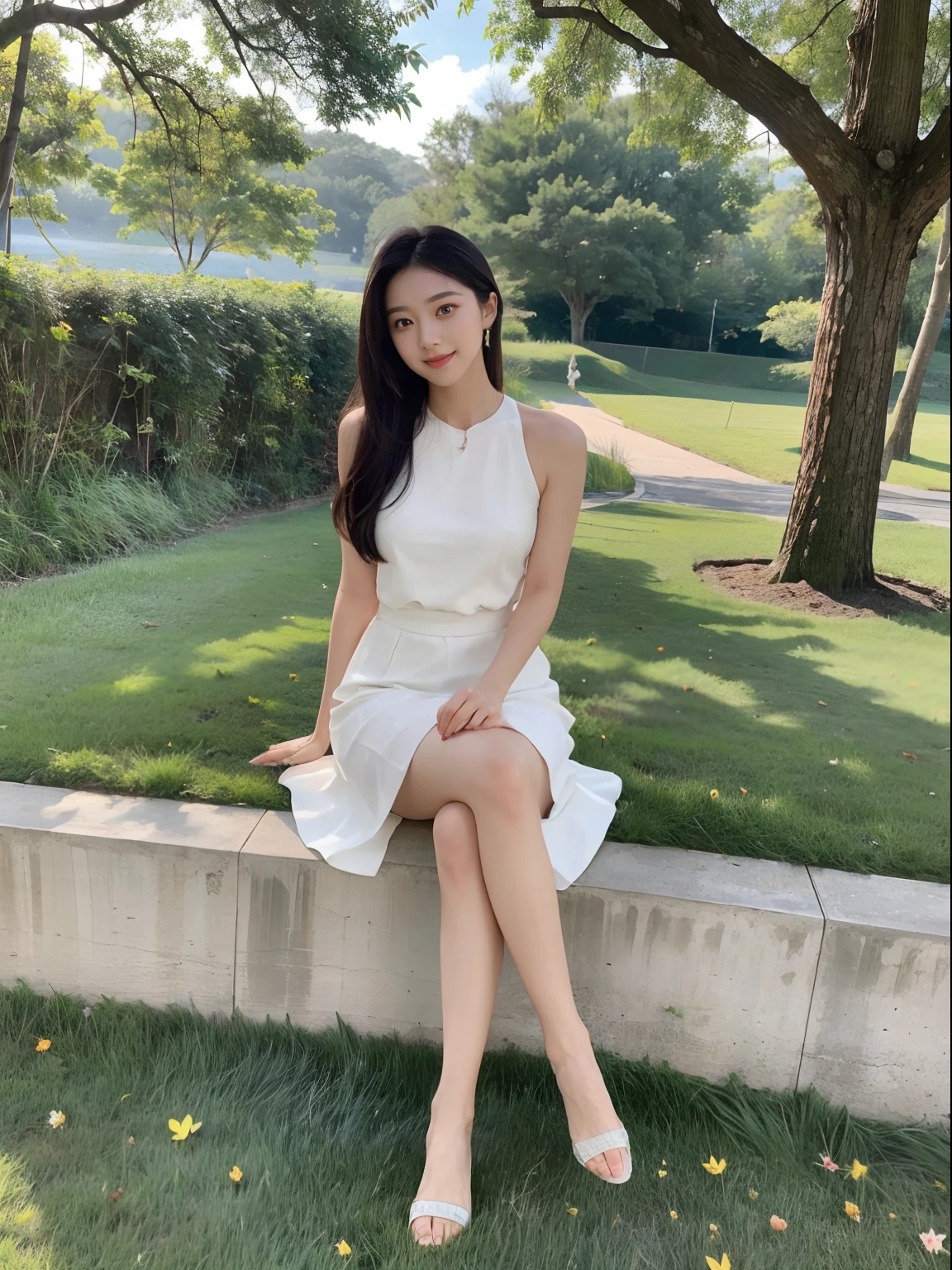 ，Masterpiece, Best quality，8K, 超高分辨率，Reallightandshadow，Cinema lenses，(beautidful eyes:1.1)， ((中景 the scene is，The upper part of the body))，dynamicposes，On a green meadow，The gentle goddess came with gentle steps。She wore a white dress，A gentle breeze blows，The skirt dances lightly。The sun shone through the leaves in her hair，Reflecting her clear eyes and gentle smile。Colorful butterflies flutter around her，Flowers bloomed at her feet，It was as if nature was cheering for her。