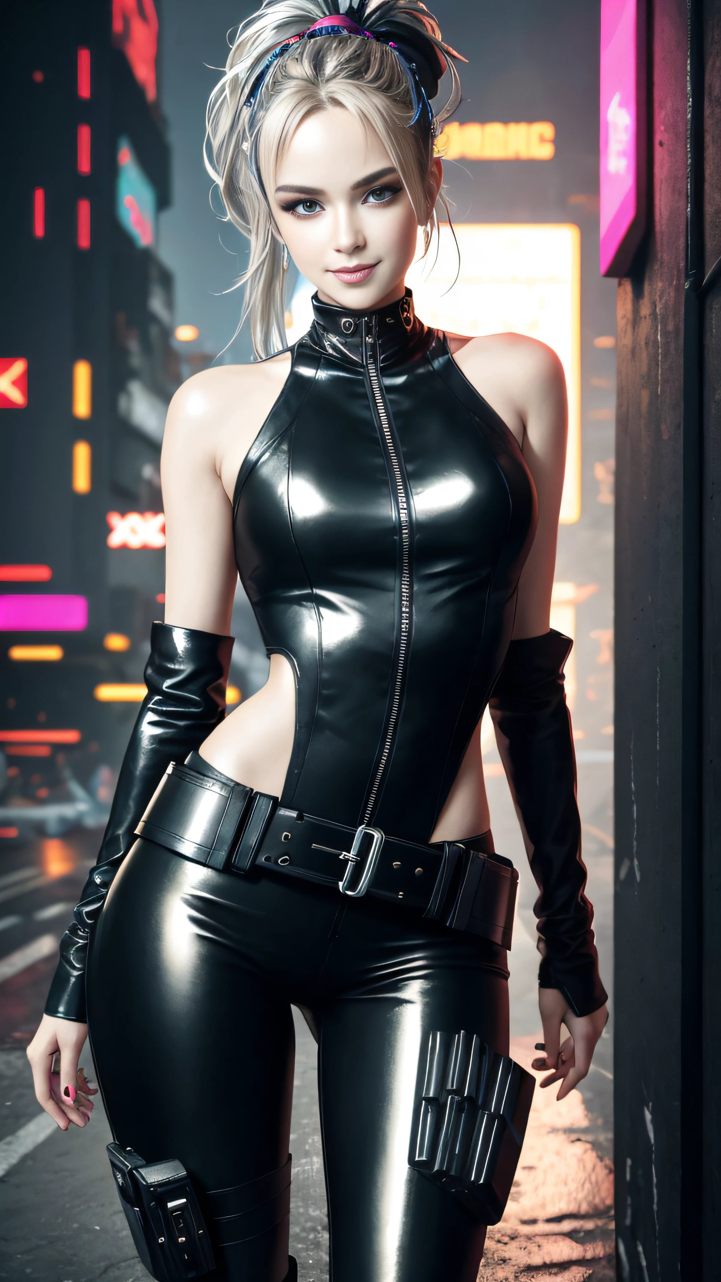 Lolita, smiling, 20 years old, ((best quality)), ((masterpiece)), (high definition:1.3), 3D, beautiful (cyberpunk:1.3), stylish woman looking at camera black leather clothes, sleeveless, embarrassed, waist skin invisible, blue-black leather pants, silver zipper,belt below the waist,super fine illustration,blond hair , showing forehead, silver center zipper, leather blue black bodysuit, sleevelesblue blacks, shiny, blonde ponytail