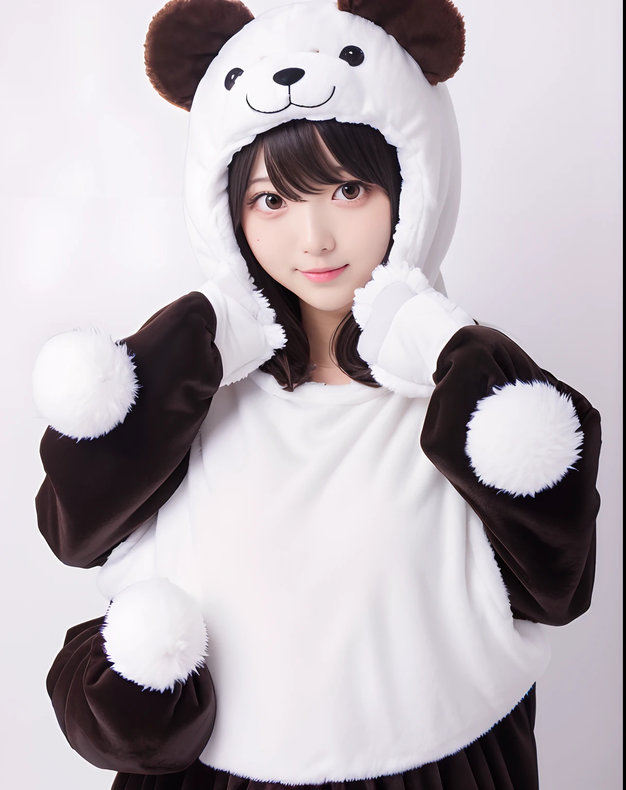 (aesthetic, high quality, ultra detailed CG), a blushing Asian girl, cute, short black hair, big cute eyes, "black and white panda theme hoodie", wearing a diaper, black thigh high socks and mary jane shoes, a full body portrait, standing up pose, casual dynamic pose, high key lighting, pastel colors, anime-style, light green bright background.