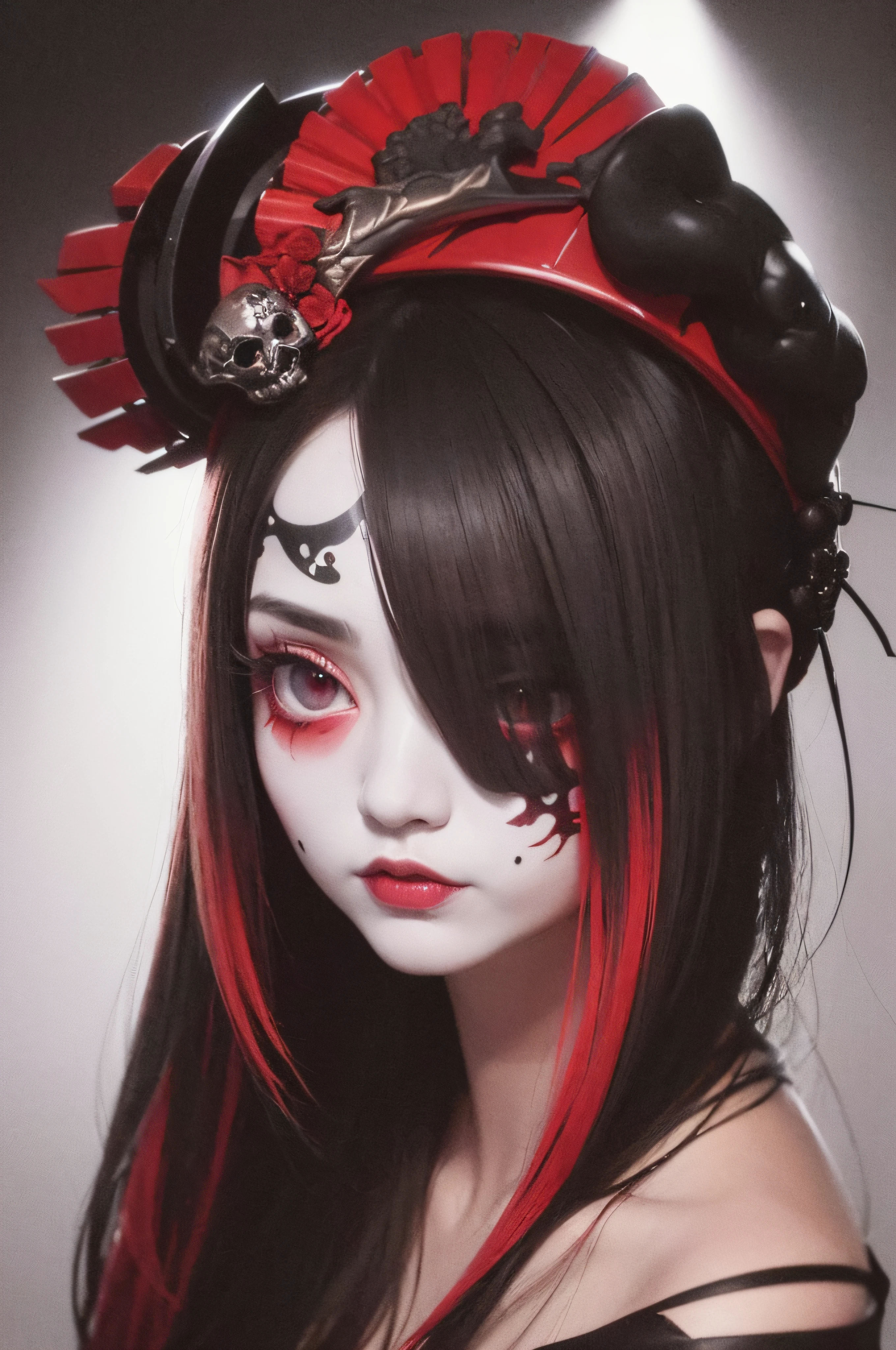 "(The best lighting, oscuro, dramatic),(feto calavera geisha escupiendo tinta roja, Cicatrices, sexy, cerebro, sangre, una rata dentro de la cabeza, terror.),(ojos rojos, calaveras). volumetric light.