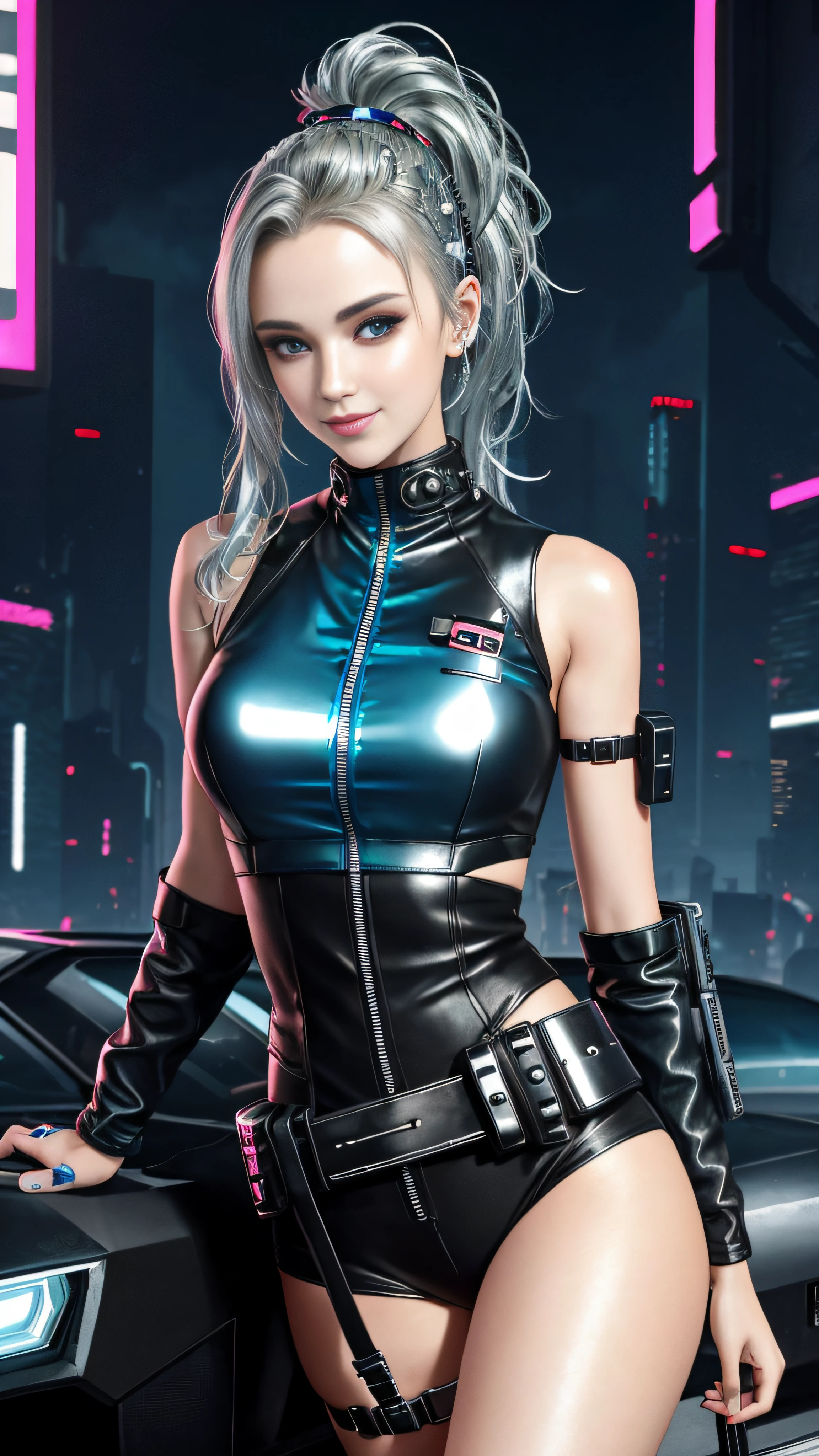 ta, smiling, 20 years old, ((best quality)), ((masterpiece)), (high definition:1.3), 3D, beautiful (cyberpunk:1.3), stylish woman looking at camera black leather clothes, sleeveless, embarrassed, waist skin invisible, blue-black leather pants, silver zipper,belt below the waist,super fine illustration,blond hair , showing forehead, silver center zipper, leather blue black bodysuit, sleevelesblue blacks, shiny, blonde ponytail