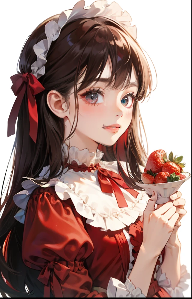 girl with、Background white、without background、A dark-haired、The long-haired、Contrasting bangs、Red One Piece、frilld、bow ribbon、red ta fashion、with blush cheeks、Smiling、Holding strawberries in your hands、Strawberries、kawaii、without background