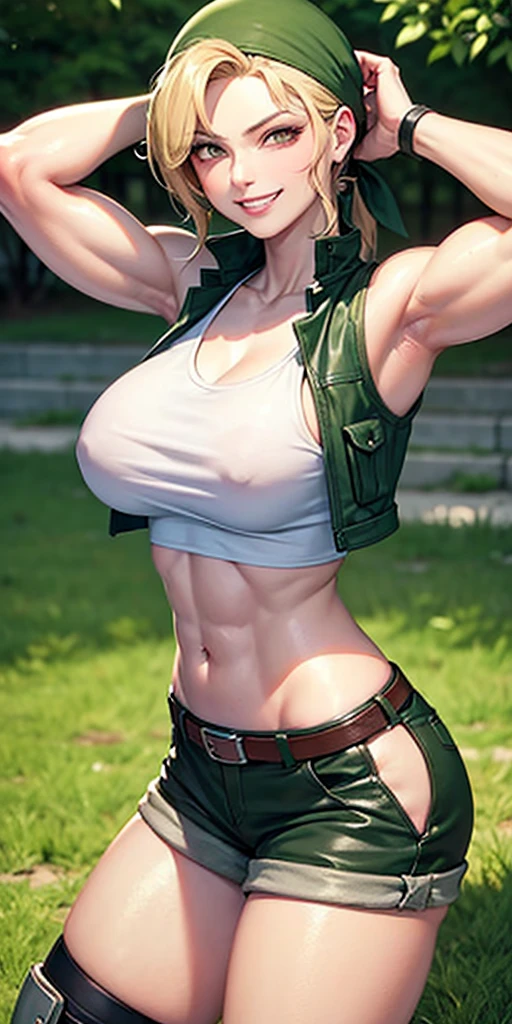 masterpiece, best quality, outdoors, on grass, grass,
cosmieyes, reflection, brown eyes, colored eyelashes, eyelashes,
eridef, 1girl, solo, looking at viewer, blonde hair, vest, bandana, breasts, shorts, navel, midriff, crop top, belt, short shorts, hat, knee pads, large breasts, abs, muscular, smug, muscular arms, muscular, very muscular, very muscular arms, large muscles, super muscular, huge breasts, giant breasts, gigantic breasts, slim waist, muscular midriff, smug, smirk, evil grin, goth, fishnets