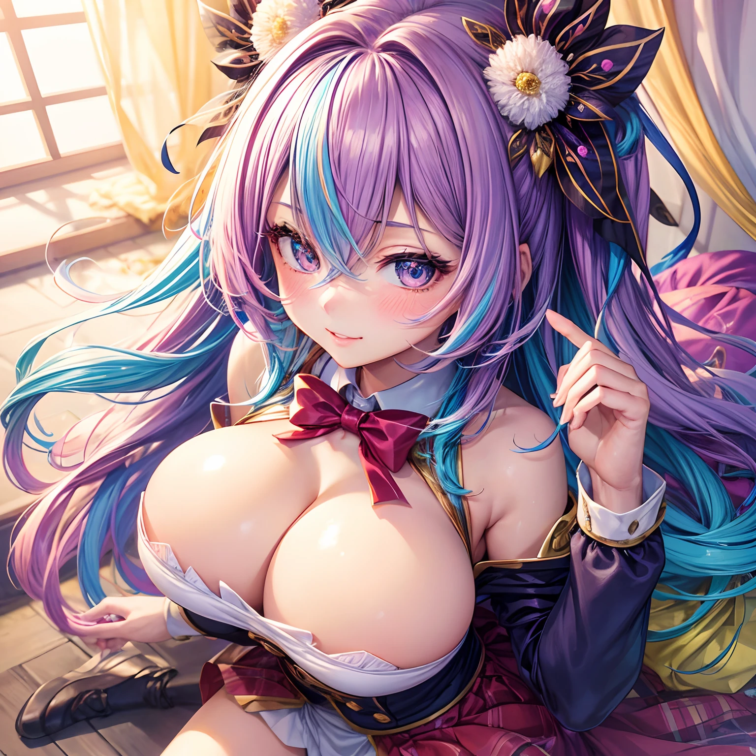 (Best Quality,4K,8K,hight resolution,masutepiece:1.2),long,Colorful hair (rainbow hair:1.1),Angelic appearance,Intense and detailed eyes,Pouty lips,long eyelashes,detailed facial features,Yandere formula,A supple and lively smile,Uniform with ribbon,Cute Blazer,Perfect girl with a stunning figure,cleavage,Loose socks,Flirty Girls,Ultra-detailed costumes,Feminine,Shy,Beautiful Girl、lesbian