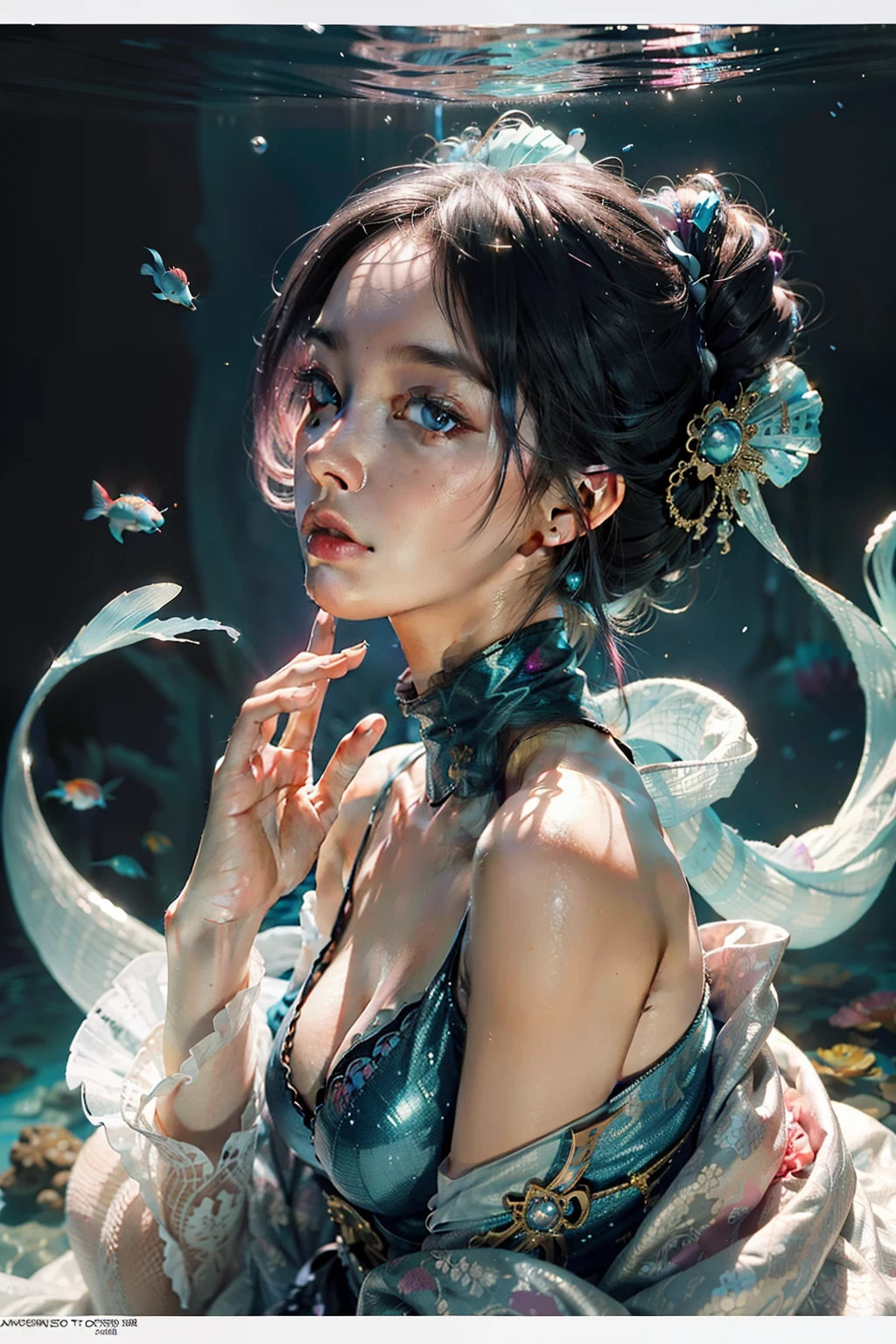 Photo RAW, (Black, neon Blue and magenta : Portrait of 2 ghostly long tailed white koi, woman, shiny aura, highly detailed, gold and pearly filigree, intricate motifs, organic tracery, by Android jones, Januz Miralles, Hikari Shimoda, glowing stardust by W. Zelmer, perfect composition, smooth, sharp focus, sparkling particles, lively coral reef background Realistic, realism, hd, 35mm photograph, 8k), masterpiece, award winning photography, natural light, perfect composition, high detail, hyper realistic