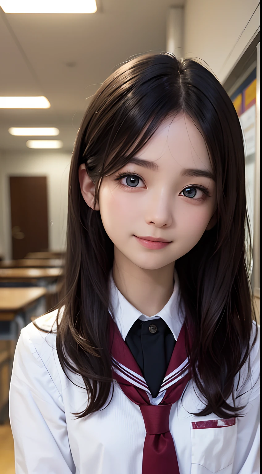 ((best quality, 8K, masterpiece)), ultra-detailed, sharp focus, ((1 cute girl)), 18yo, (school uniform), highly detailed face and skin texture, (((beautiful detailed eyes))), (((beautiful eyes:1.4))), (smile:1.15), (closed mouth), (round face), ((full body)), classroom