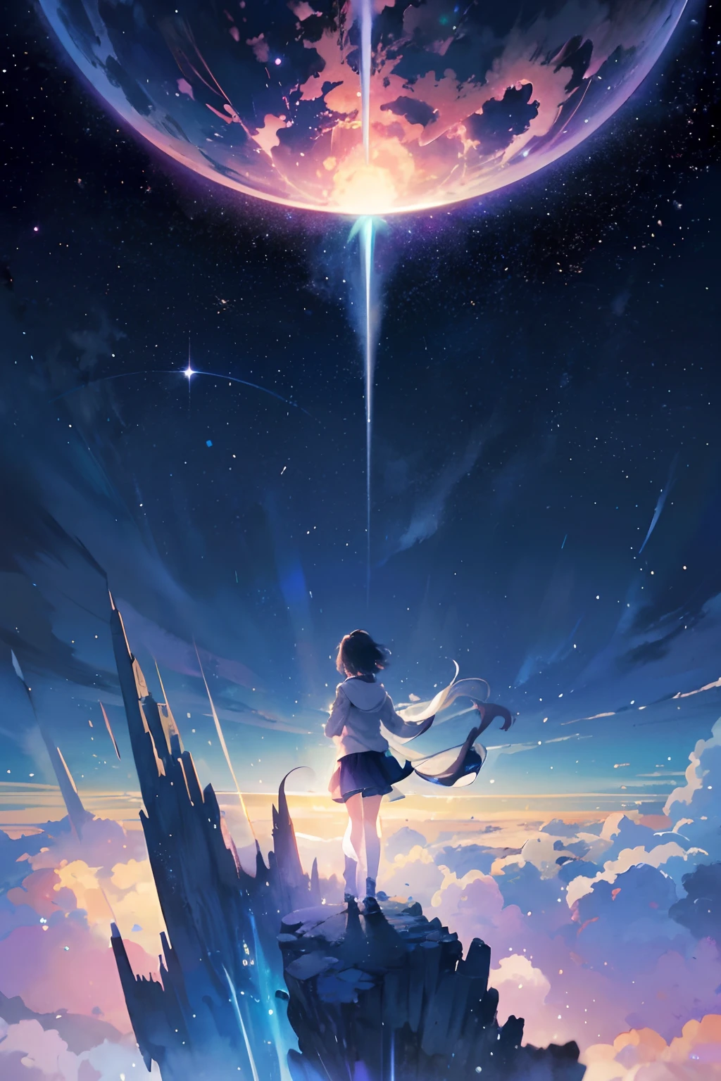 Create exquisite illustrations reminiscent of Makoto Shinkai's style, It has ultra-fine details and top-notch quality. Create an illustration featuring a massive comet descending from the night sky towards the Earth, accompanied by the silhouette of a girl gazing up at it. The comet should exude a fantastical and ethereal atmosphere, with its tail trailing behind, creating a sense of cosmic wonder. The girl, bathed in the surreal glow of the comet, stands in awe as she witnesses this celestial event. The overall illustration should transport viewers to a magical moment where the boundaries between reality and fantasy blur, capturing the breathtaking beauty of a celestial encounter