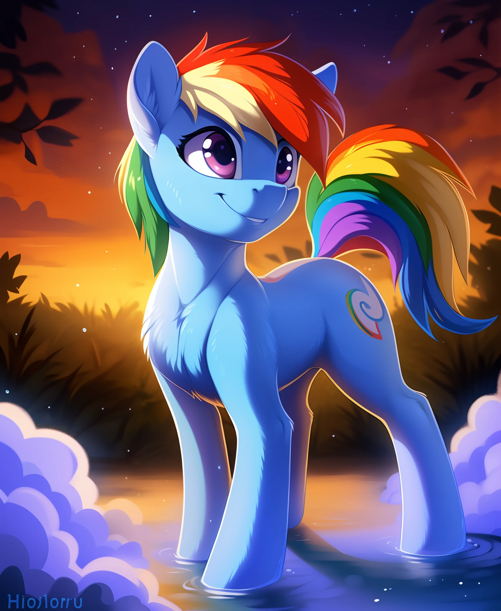 ((masterpiece)), ((best quality)), (8k), (high detailed), (beautiful), 1girl, feral, rainbow dash, smile, one character, mlp, pony, my little pony, horse,  wet, all fours, (full body shoot:1.2), detailed hair, detailed fur, by hioshiru