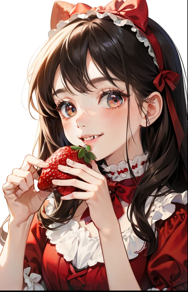 girl with、Background white、without background、A dark-haired、The long-haired、Contrasting bangs、Red One Piece、frilld、bow ribbon、red ta fashion、with blush cheeks、Smiling、Eating strawberries、Have strawberries、Strawberries、kawaii、without background