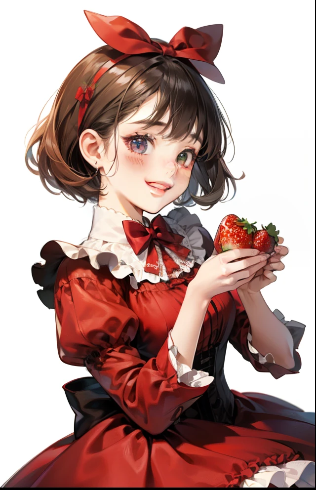 girl with、Background white、without background、A dark-haired、short-cut、Contrasting bangs、Red One Piece、frilld、bow ribbon、red lolita fashion、with blush cheeks、Smiling、Holding strawberries in your hands、Strawberries、Strawberries、kawaii、without background