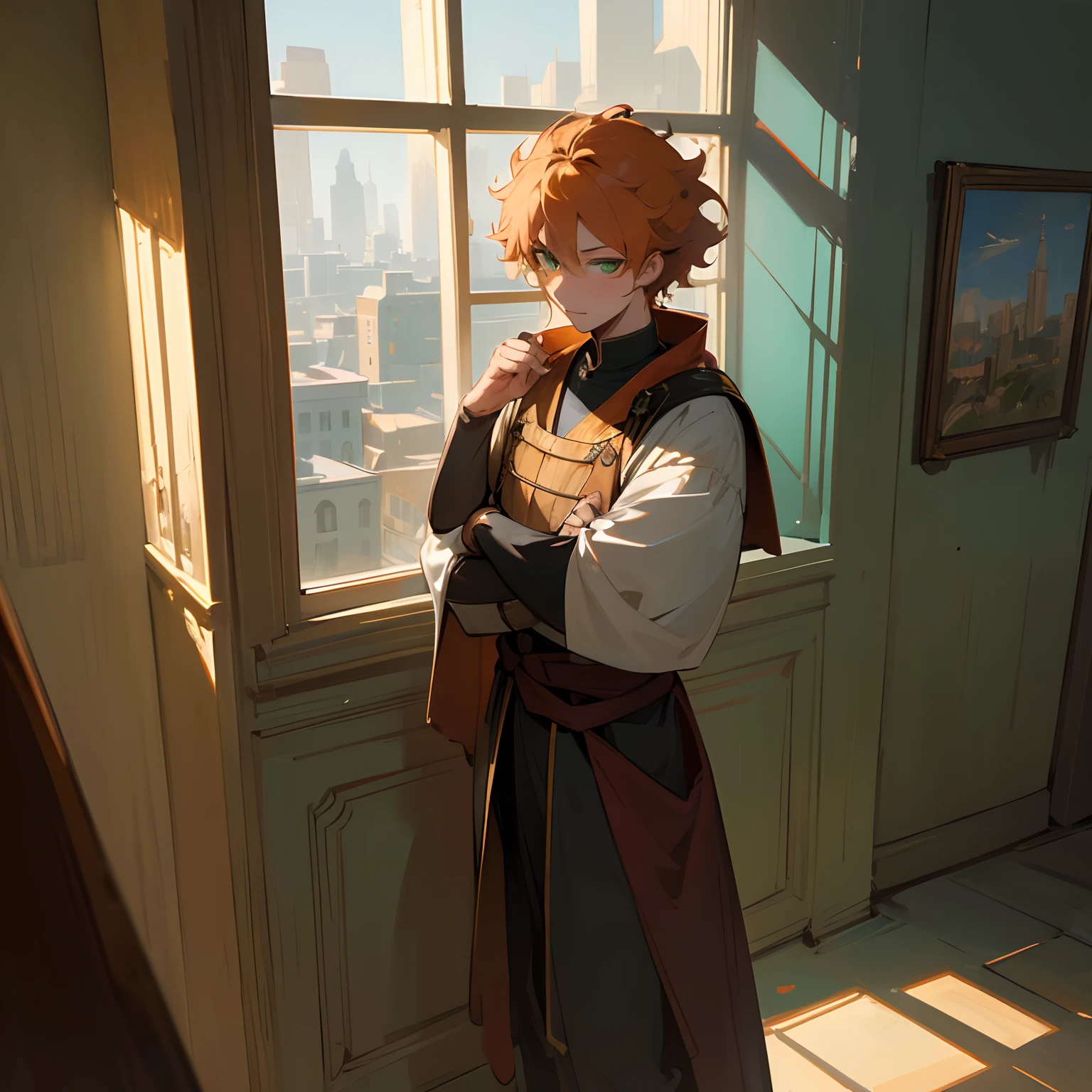 (best quality,4k,8k,highres,masterpiece:1.2),ultra-detailed,realistic,Fiery Ginger messy hair,green eyes,Hirihiko Araki,Medieval Combat Clothing,young male,standing in front of a window inside a building,happy gaze,sharp facial features,slightly tilted head,confident posture,vibrant colors,anime style,window with sunlight streaming in,bricks on the wall,cityscape outside the window,subtle shadows,contrast between light and dark,textured curtains,bold artistic strokes,eye-catching background details