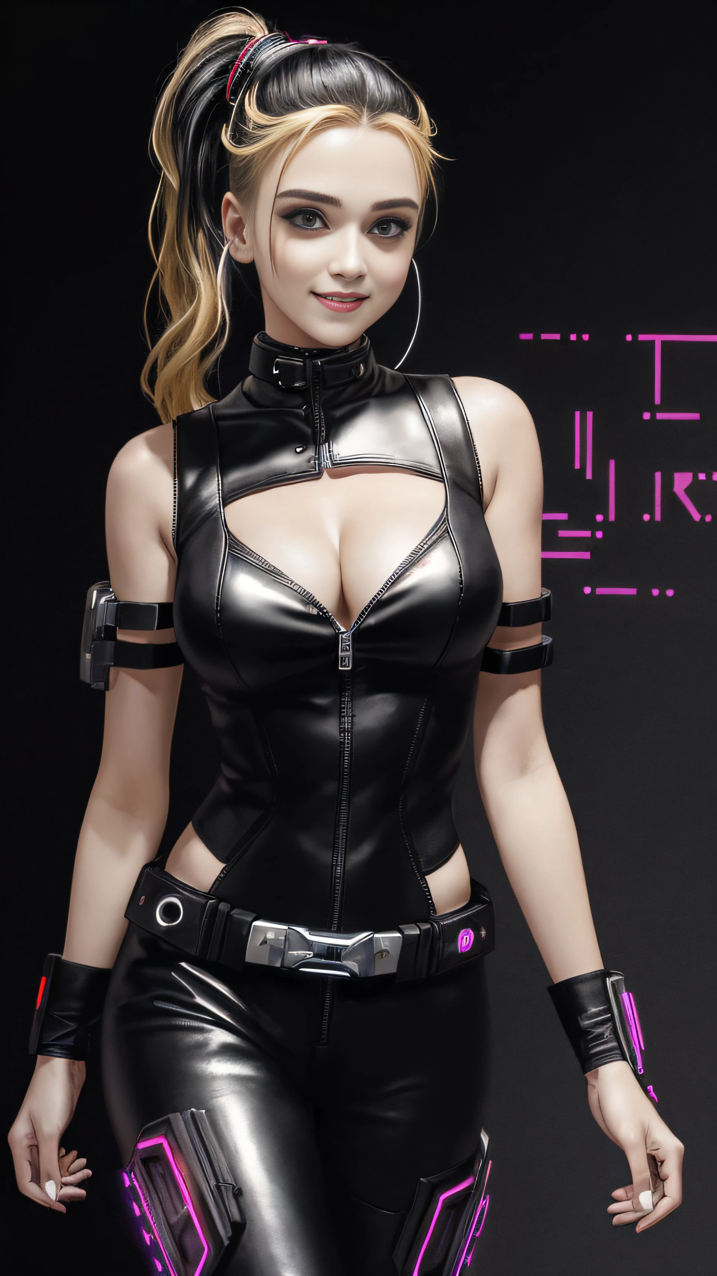 ta, smiling, 20 years old, ((best quality)), ((masterpiece)), (high definition:1.3), 3D, beautiful (cyberpunk:1.3), stylish woman looking at camera colourful leather outfit, sleeveless, stomach skin invisible, black leather pants, silver zipper, belt below the waist, super fine illustration, showing forehead, deep cleavage, leather black bodysuit, sleeveless blacks, shiny, blonde ponytail, ((dark plain black background:1.4))