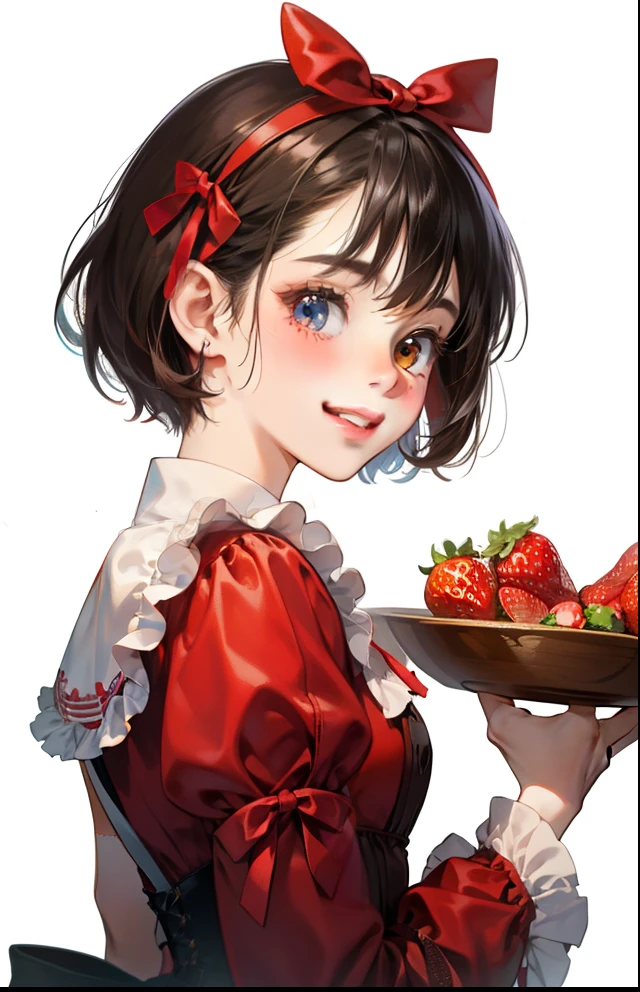 girl with、Background white、without background、A dark-haired、short-cut、Contrasting bangs、Red One Piece、frilld、bow ribbon、red lolita fashion、with blush cheeks、Smiling、Holding strawberries in your hands、Strawberries、Strawberries、kawaii、without background
