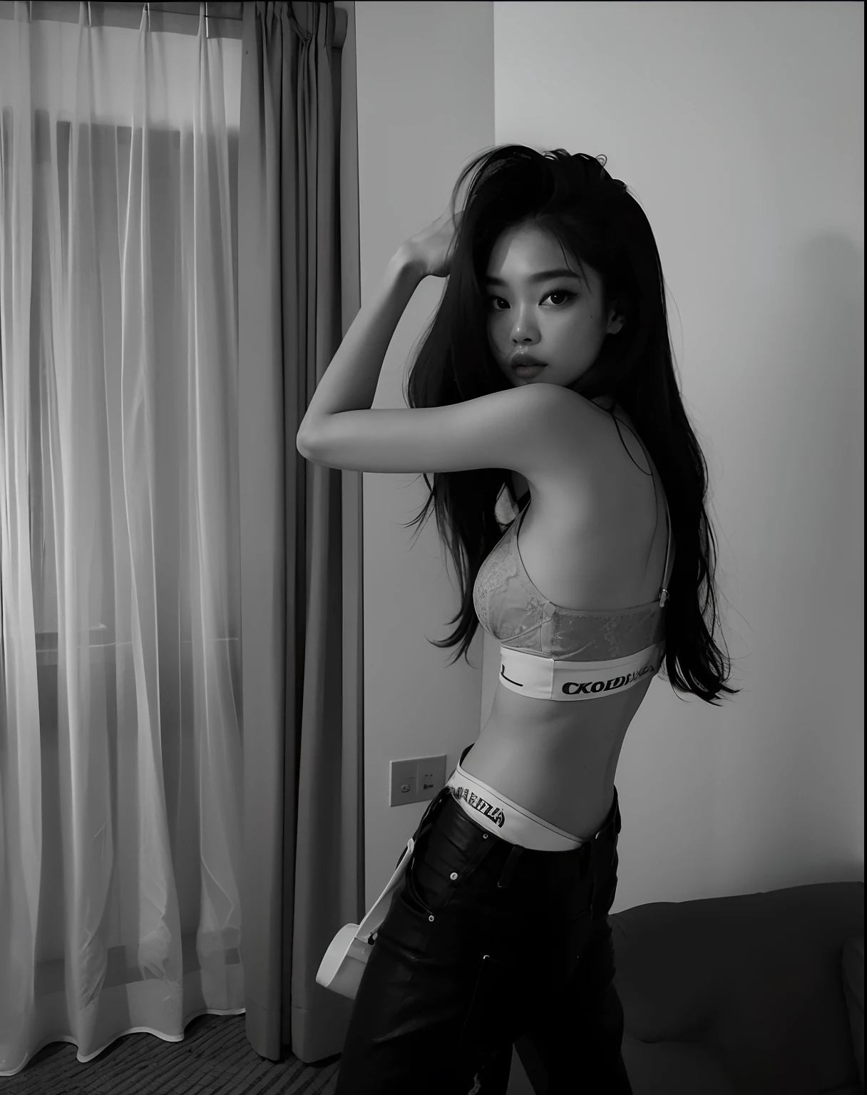 There's a woman in a bra top posing in a room, jennie blackpink, Jinyoung Canela, costas e branco, pose atraente, coreana, arms behind back, foto de modelo de menina TaeJune Kim, Heonhwa Choe, Ulzzang, em preto e branco, Jiyun Chae, foto de menina magracted by: Jin Nong
