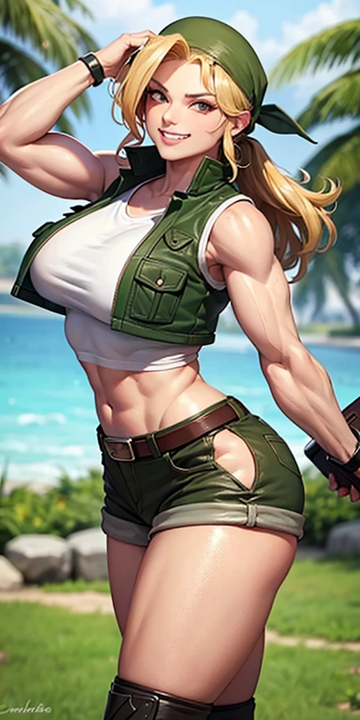 masterpiece, best quality, outdoors, on grass, grass,
cosmieyes, reflection, brown eyes, colored eyelashes, eyelashes,
eridef, 1girl, solo, looking at viewer, blonde hair, vest, bandana, breasts, shorts, navel, midriff, crop top, belt, short shorts, hat, knee pads, large breasts, abs, muscular, smug, muscular arms, muscular, very muscular, very muscular arms, large muscles, super muscular, huge breasts, giant breasts, gigantic breasts, slim waist, muscular midriff, smug, smirk, evil grin, goth, fishnets