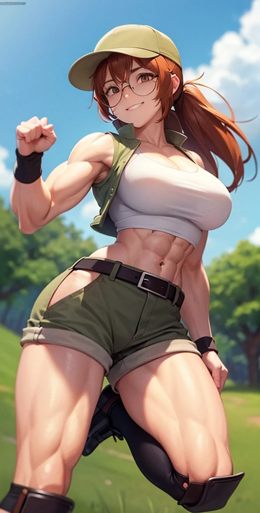 masterpiece, best quality, outdoors, grass,
fiodef, 1girl, solo, looking at viewer, wariza, arm support, orange hair, hat, baseball cap, crop top, shorts, midriff, vest, navel, belt, short shorts, tank top, cleavage, brown shorts, abs, muscular, smug, muscular arms, muscular, very muscular, very muscular arms, large muscles, super muscular, huge breasts, giant breasts, gigantic breasts, slim waist, muscular midriff, smug, smirk, evil grin, goth, fishnets