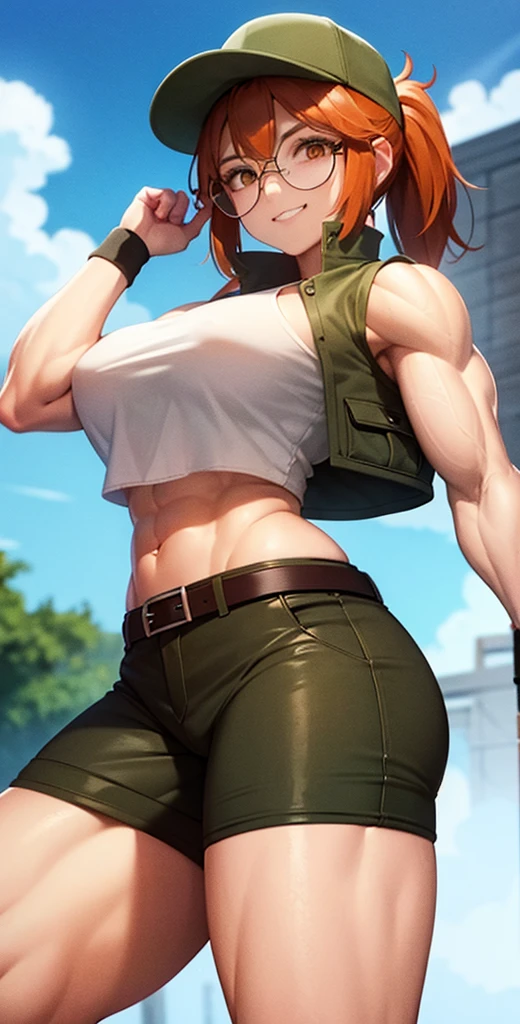 masterpiece, best quality, outdoors, grass, 
fiodef, 1girl, solo, looking at viewer, wariza, arm support, orange hair, hat, baseball cap, crop top, shorts, midriff, vest, navel, belt, short shorts, tank top, cleavage, brown shorts, abs, muscular, smug, muscular arms, muscular, very muscular, very muscular arms, large muscles, super muscular, huge breasts, giant breasts, gigantic breasts, slim waist, muscular midriff, smug, smirk, evil grin, goth, fishnets