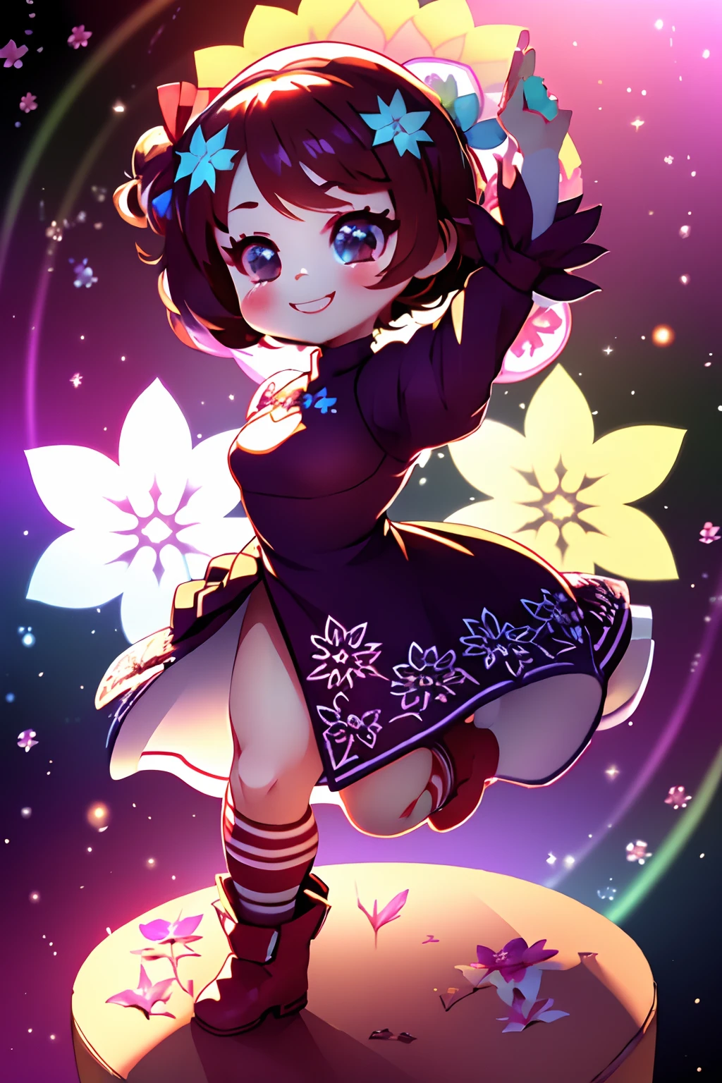 Extremely detailed,(Fractal Art:1.1),(Colorful:1.1)(Flowers:1.3)、 (Dynamic Pose), (Abstract background:1.3)、(Many colors:1.4)、Place one small doll on a circular stand、kawaii pose、A smile、A dark-haired、Chibi Doll、Stars in the eyes(kirakira)、Singing with microphone in hand、Eye Up、Laugh、Cute red shoes、Ultra Detail, radiant light、bio luminescent、Stronger bokeh effect、Taken from the side