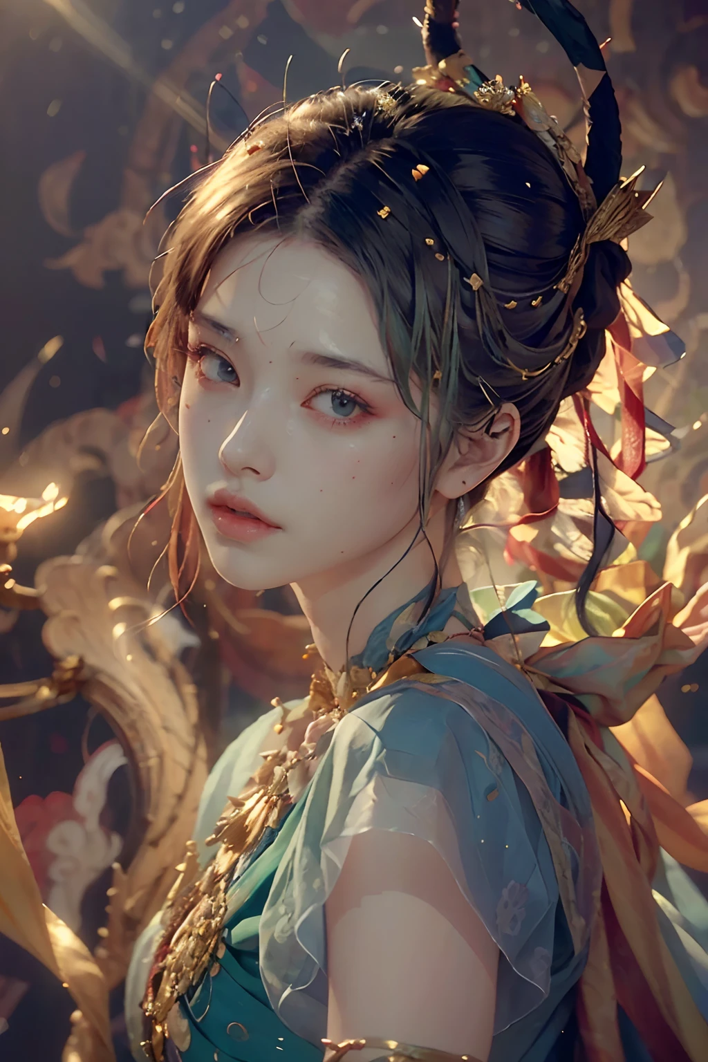 (RAW photo, best quality), (realistic, photo-realistic:1.3),best quality,highly detailed,masterpiece,ultra-detailed,illustration,1girl,upper_body,dynamic angle,world masterpiece theater,messy_long_hair,best quality,extremely detailed CG unity 8k wallpaper,ink,Amazing,cinematic lighting,lens_flare,,dunhuang_style