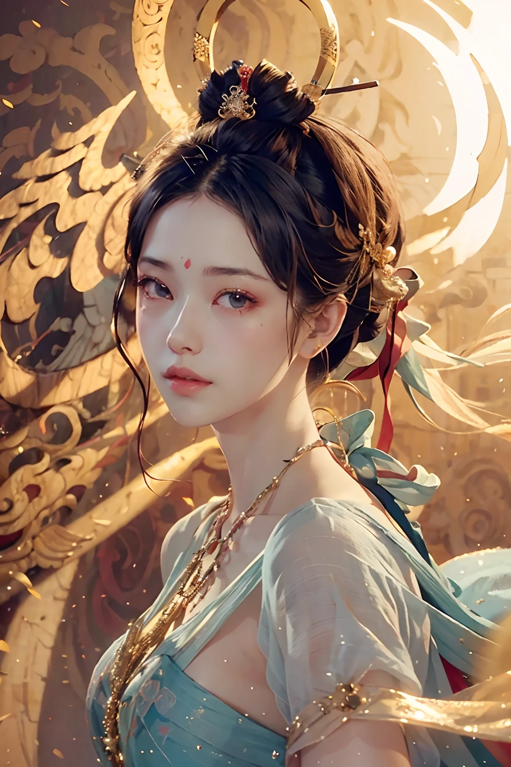 Beauty blogger's recommended app homepage, asking for women's side faces, display of cosmetic products, from left, beautiful romantic skin impeccable, 8k portrait of beautiful young woman semi-submerged in fog-shrouded lake, intricate, elegant, highly detailed, majestic, digital photography, surrealism wet lacquer gold ribbon with filigree, broken glass, rembrandt lamp, 8k HD, clear outer contour, background blur, shutter 300, FM5