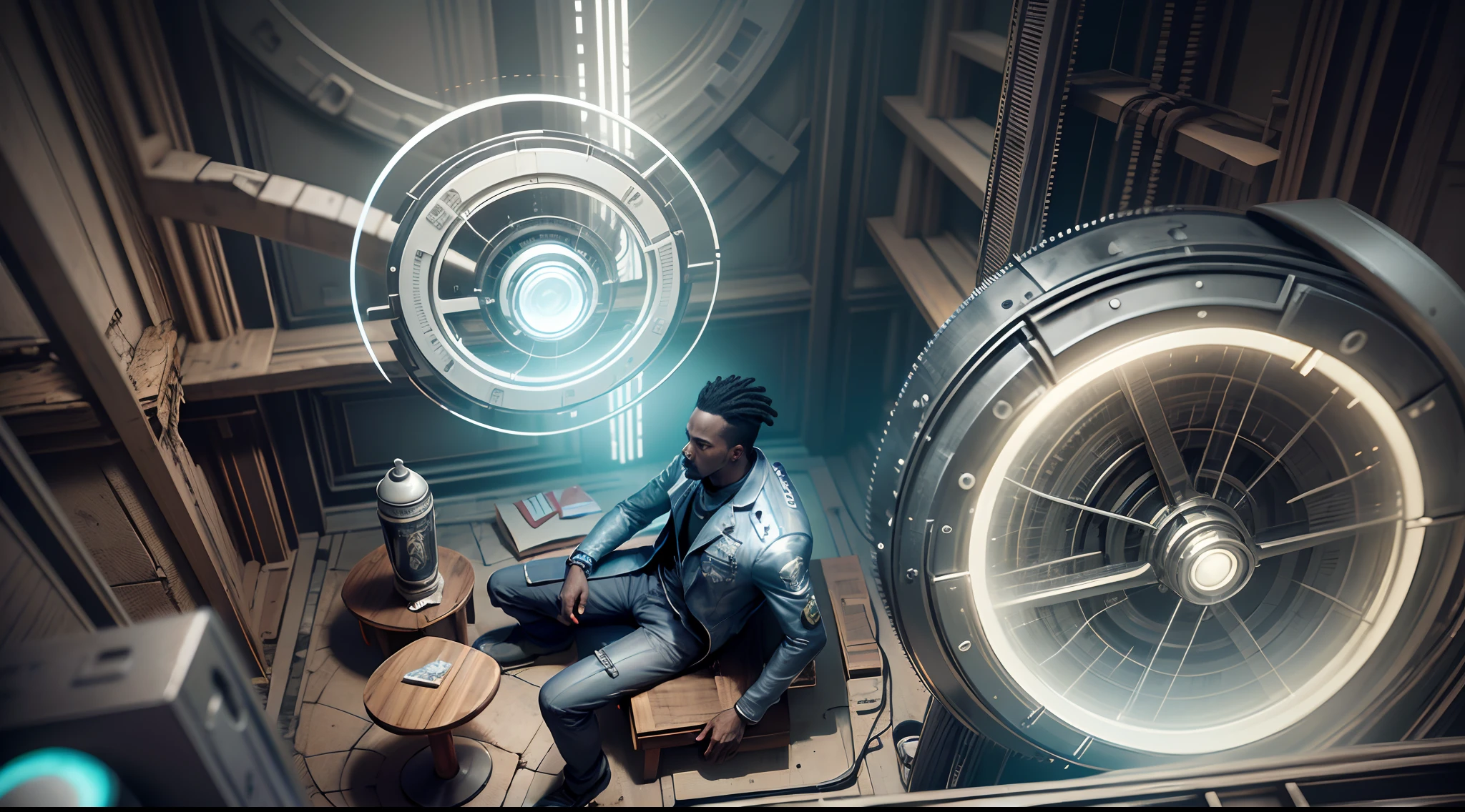 Aerial view shot of neon lit framed art portraits falling from above in a scene and surrounding a black man sitting on a reflective surface reflecting the oblects in the scene, in a spotlight of white light shining on him from above, whole scene dark, black background except for the black man seated in the light circle, abstract art, spotlight shining a white light on the black man providing a black and white cinematic colour grading in the scene, surrealism, artgerm style, 32k, ultra HD, unreal engine rendered, hyper-realistic image, --auto --s2