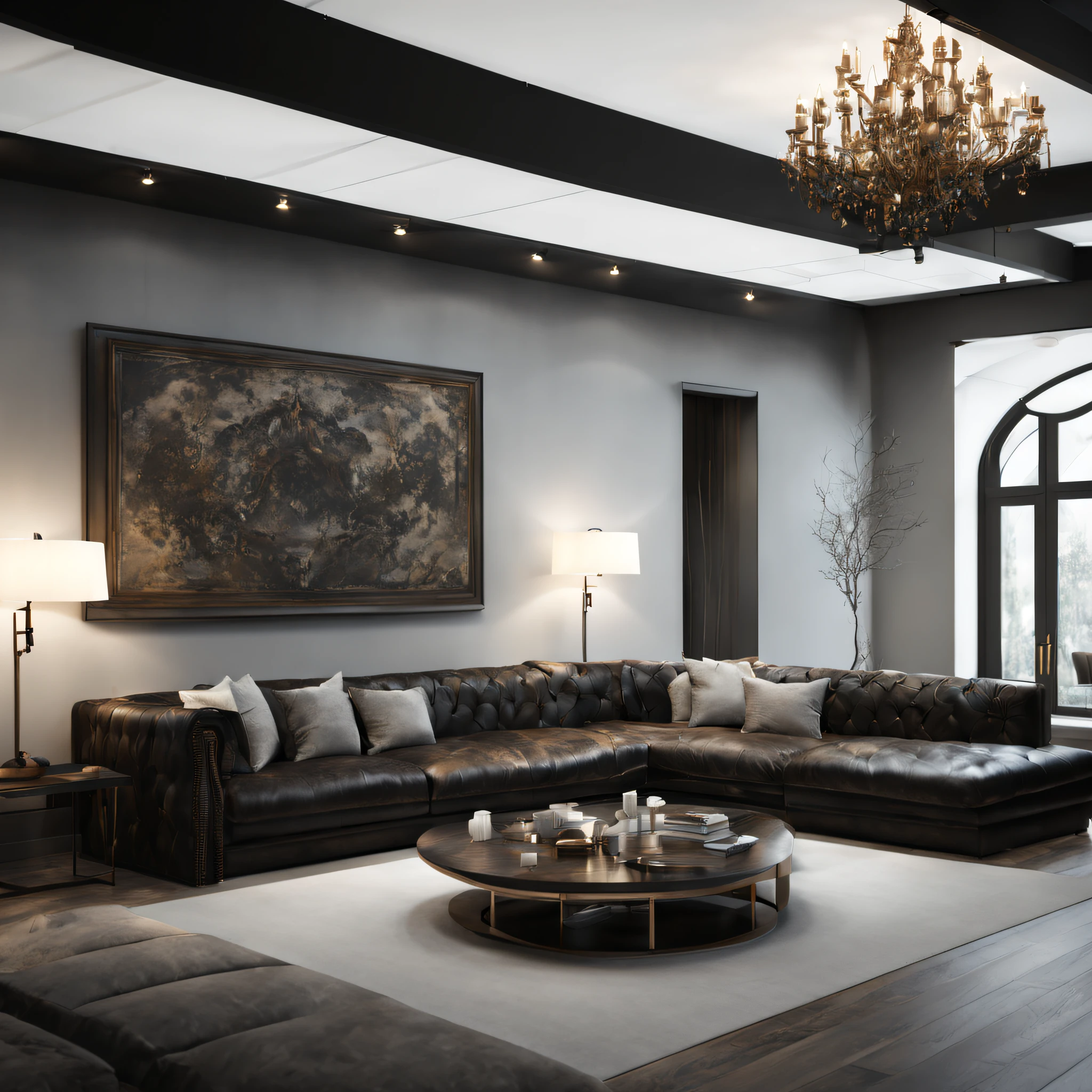 rich man's house, leather sofa, chandelir, hunting trophies, octane render, white wall, ultra details, interior design, 8 k , AF CHALK on teh wall