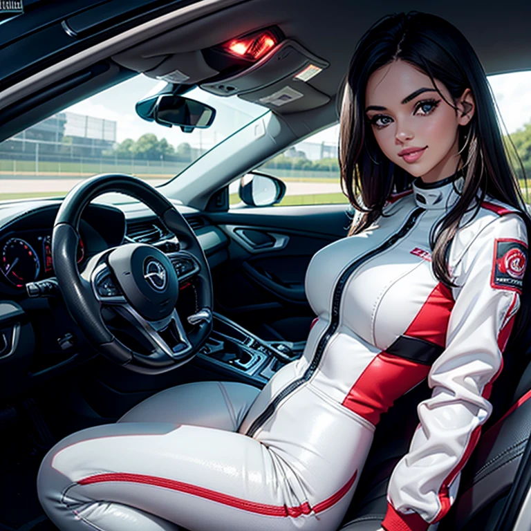 A girl wearing a driving suit , Sit on a car, Race Queen,, Racetrack, blushing face , Dark Hair (Best quality:1.1), (Masterpiece:1.4), 1fille, (cheveux volumineux)+ , ((cheveux)++, cheveux longs , (Yeux Bleux) , (big lips)+, peau brillante, brillant, Lovely Smile, Detailled car, High resolution